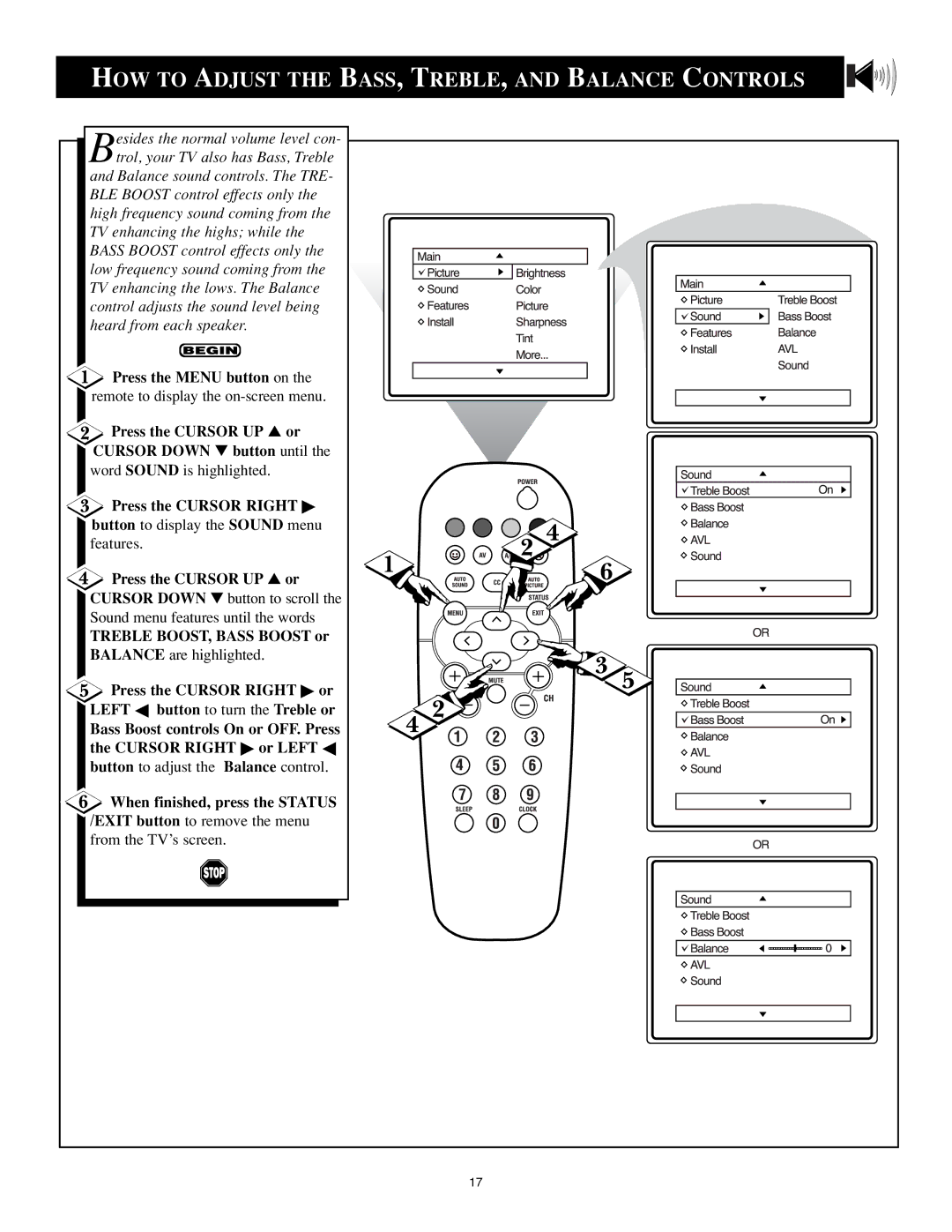 Philips 25PS40S99 manual HOW to Adjust the Bass , Treble , and Balance Controls 