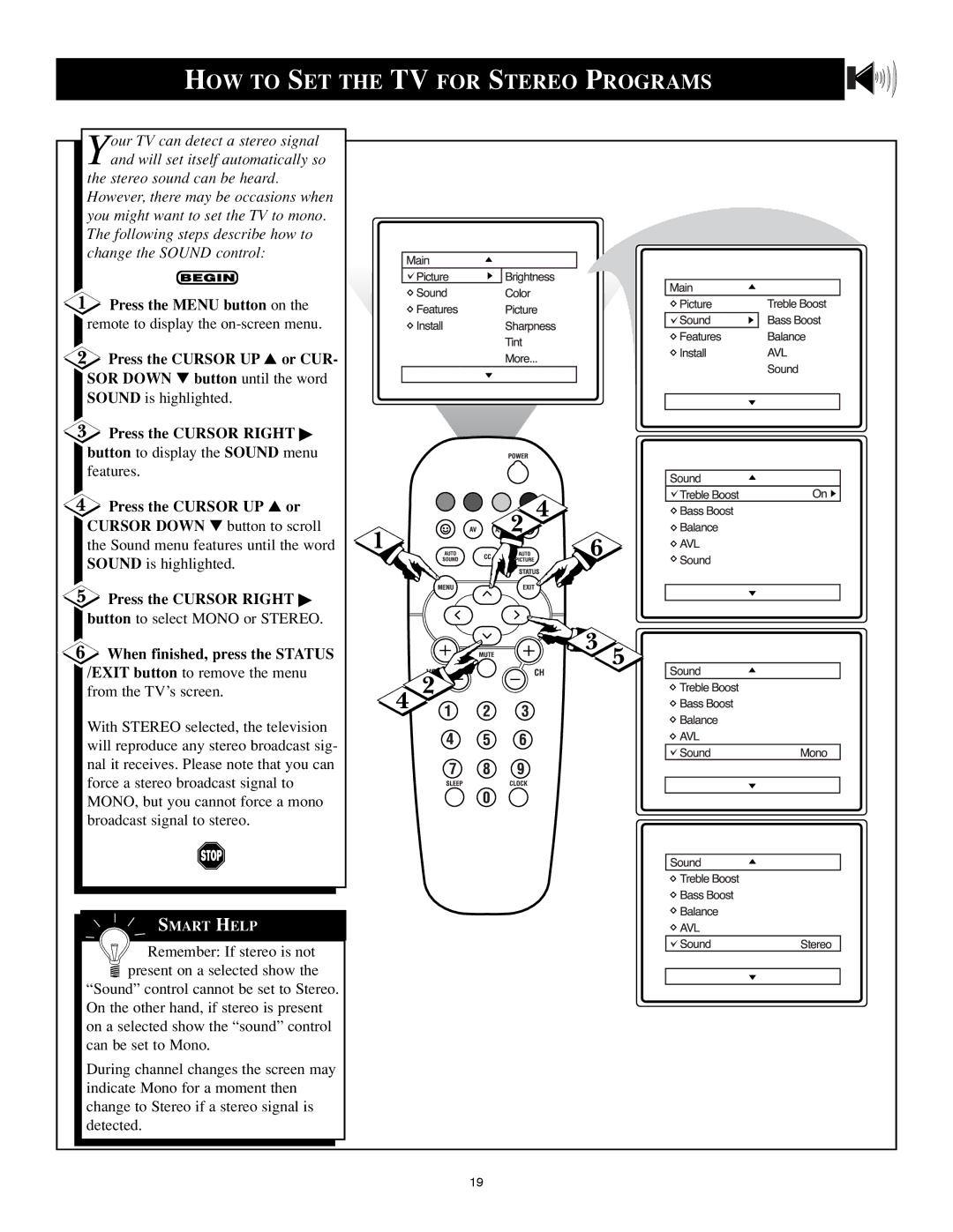 Philips 25PS40S99 manual HOW to SET the TV for Stereo Programs, Press the Cursor UP or CUR 