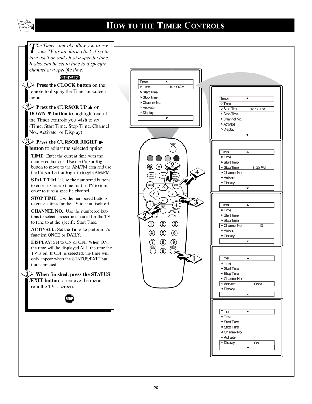 Philips 25PS40S99 manual HOW to the Timer Controls, Press the Clock button on 