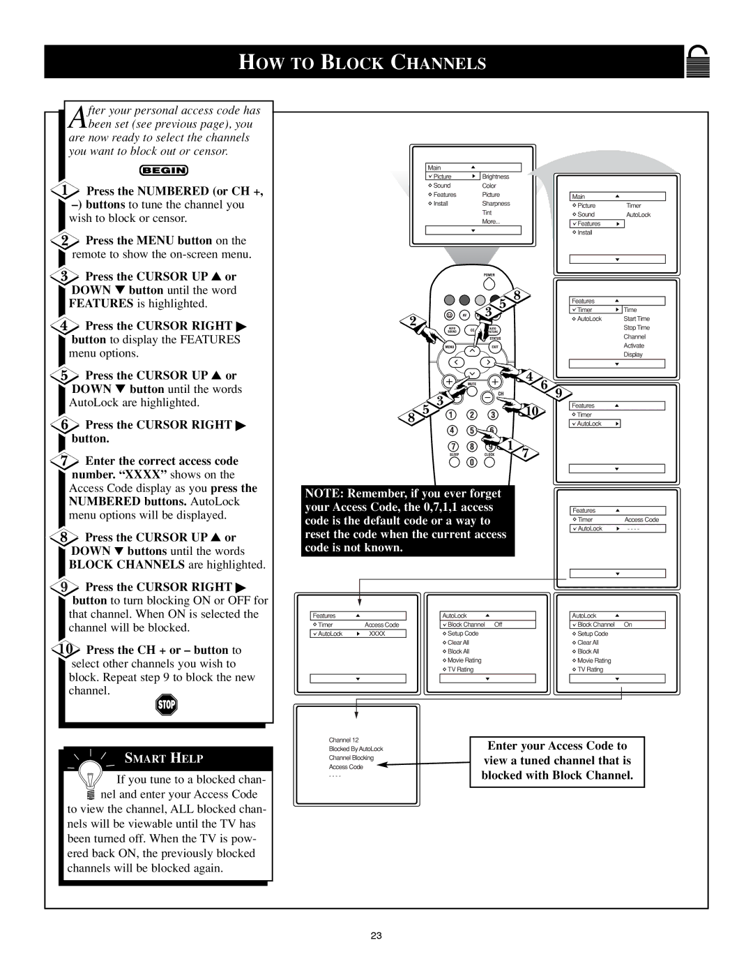 Philips 25PS40S99 manual HOW to Block Channels, Press the Cursor UP or Down button until the words 