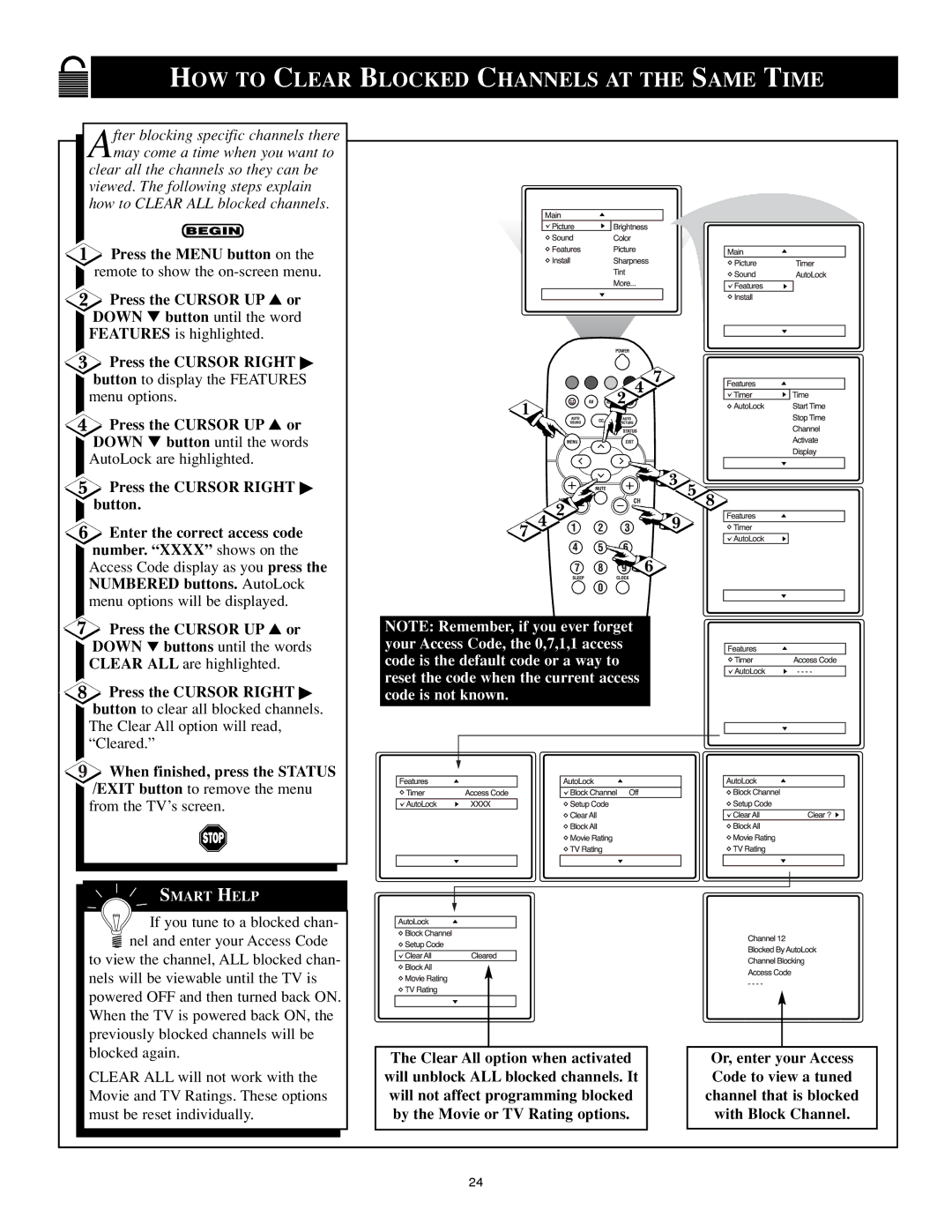 Philips 25PS40S99 manual HOW to Clear Blocked Channels AT the Same Time 