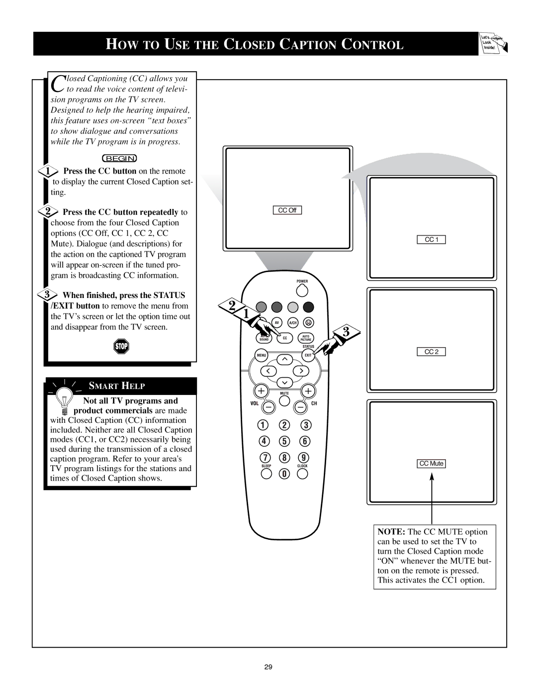 Philips 25PS40S99 manual Vol, HOW to USE the Closed Caption Control 