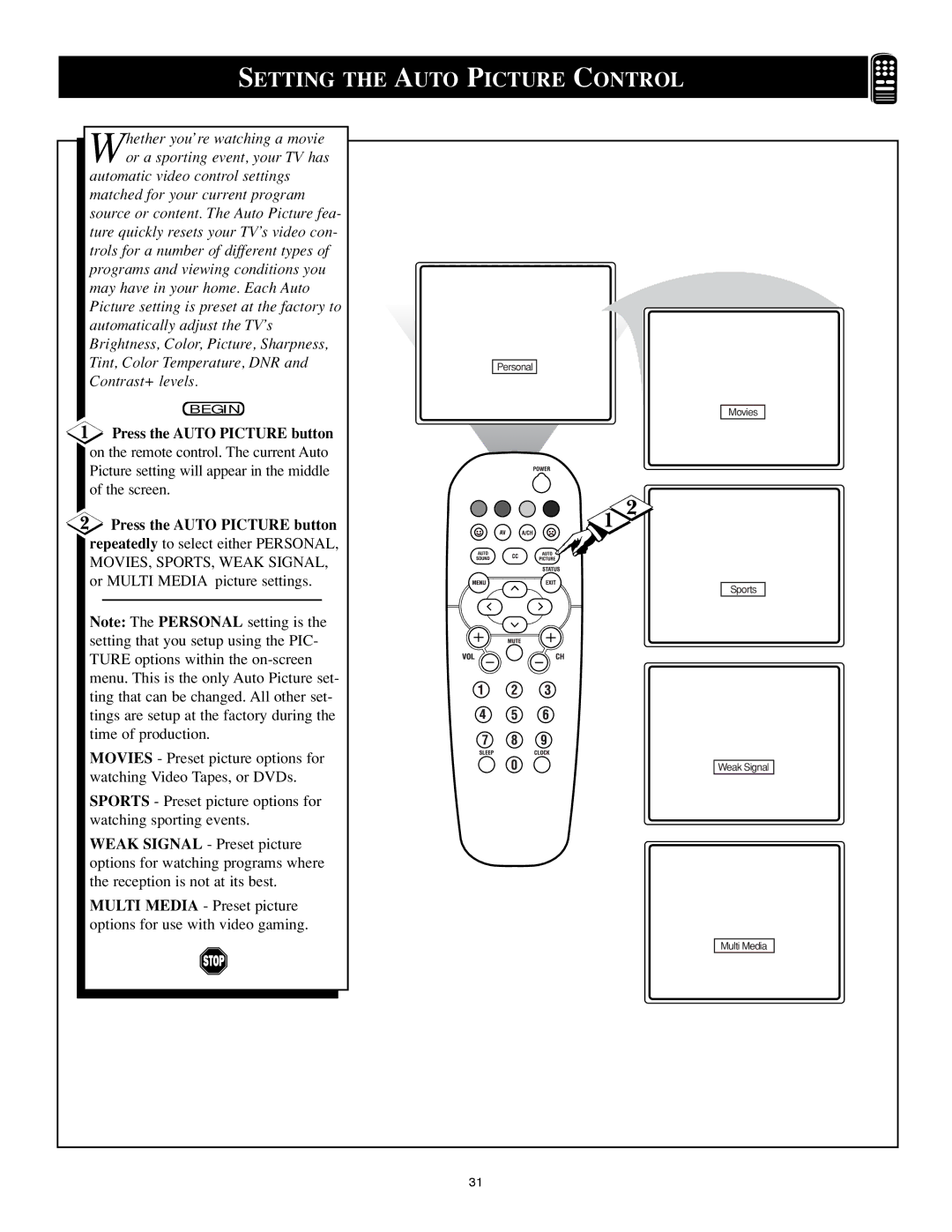 Philips 25PS40S99 manual Setting the Auto Picture Control, MOVIES, SPORTS, Weak Signal 