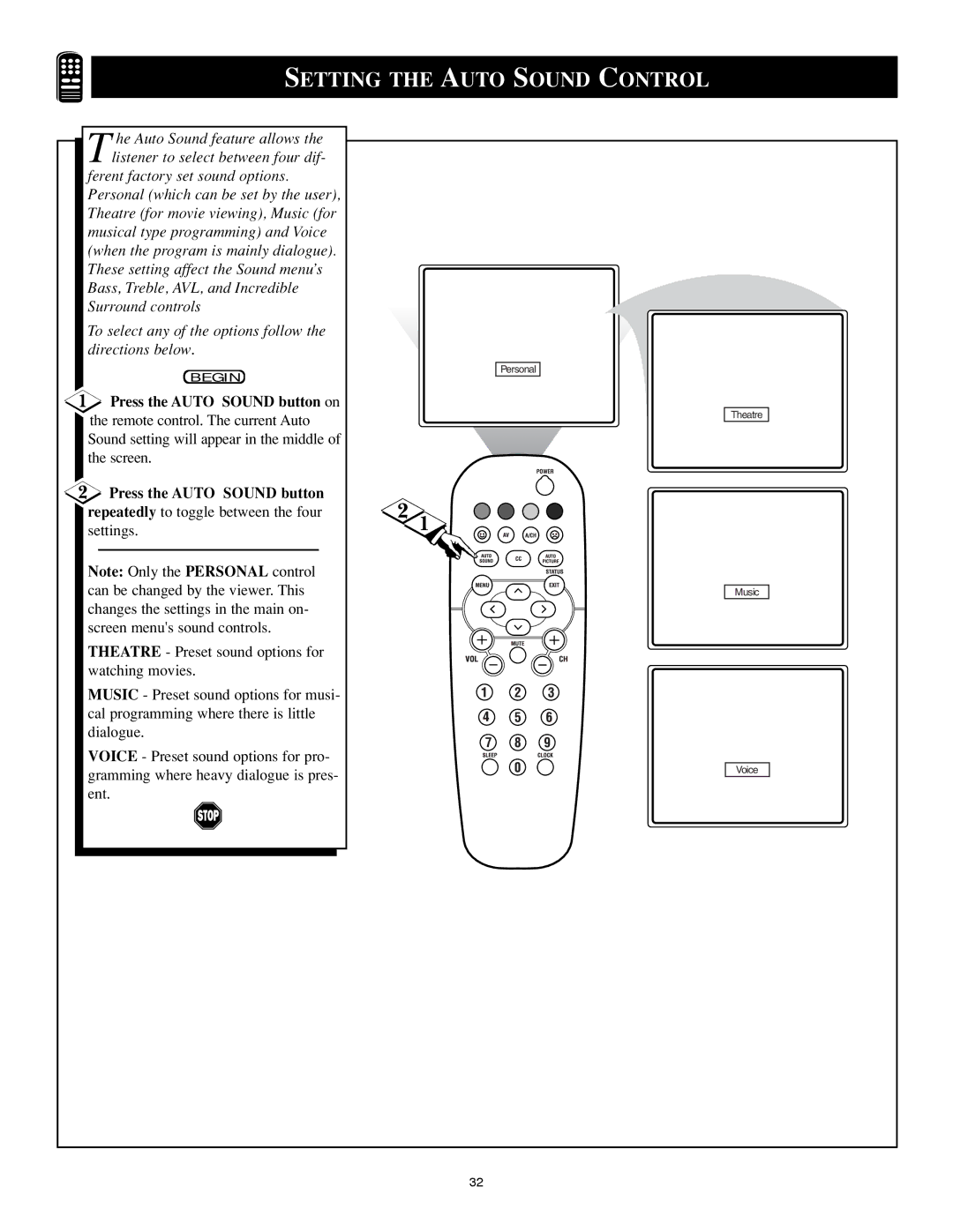 Philips 25PS40S99 manual Setting the Auto Sound Control, Press the Auto Sound button on 