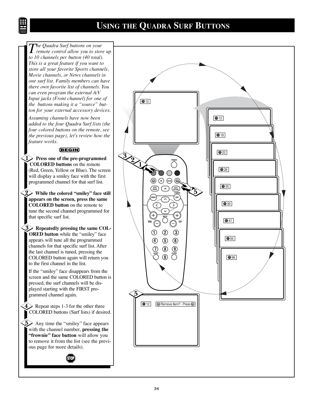 Philips 25PS40S99 manual Using the Quadra Surf Buttons, Repeatedly pressing the same COL 