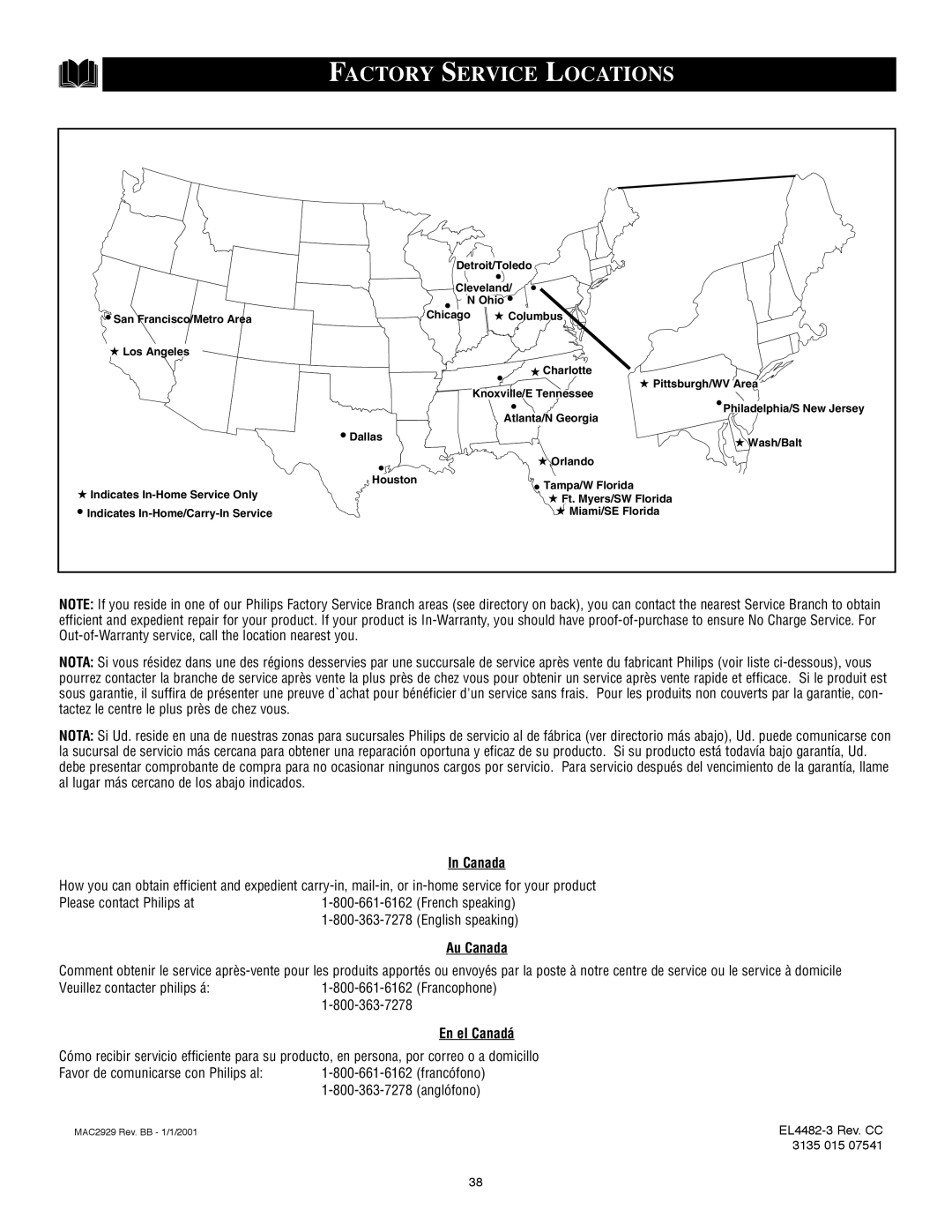 Philips 25PS40S99 manual Factory Service Locations, Canada 