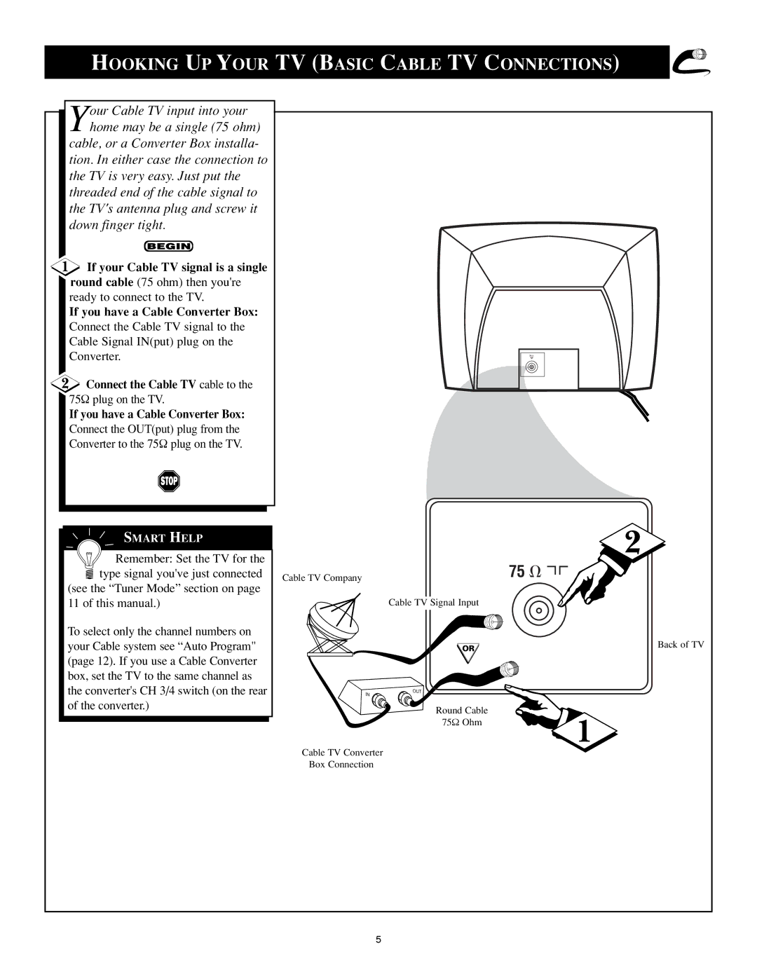 Philips 25PS40S99 manual Hooking UP Your TV Basic Cable TV Connections, If your Cable TV signal is a single 