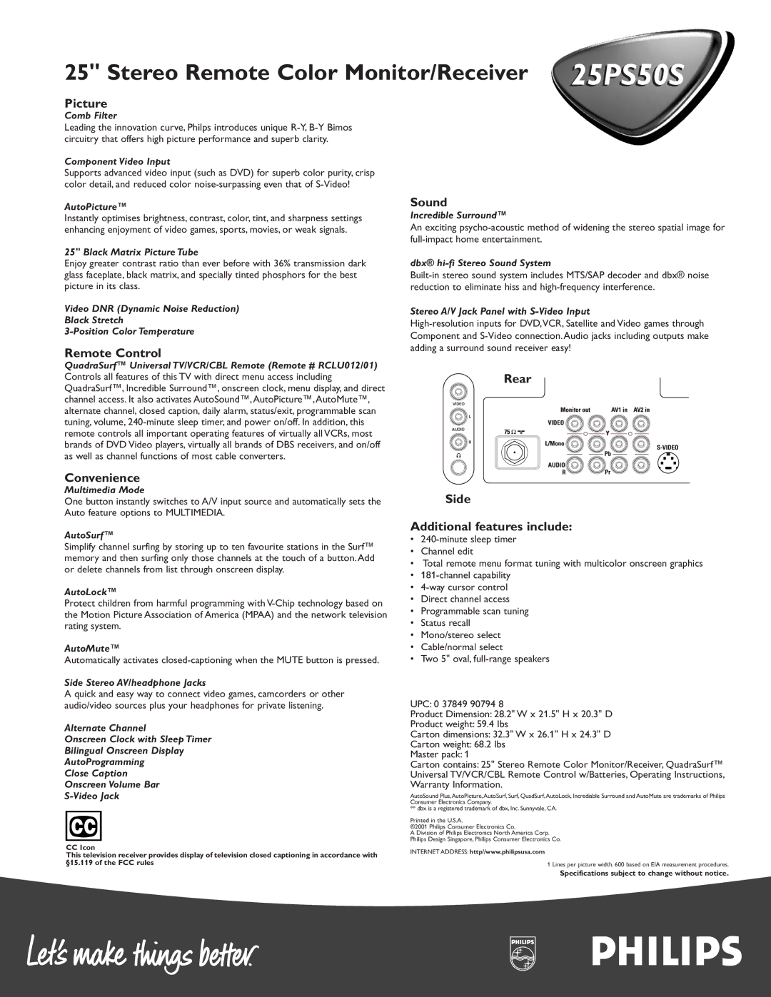 Philips 25PS50S manual Picture, Sound, Remote Control, Convenience, Rear Side, Additional features include 