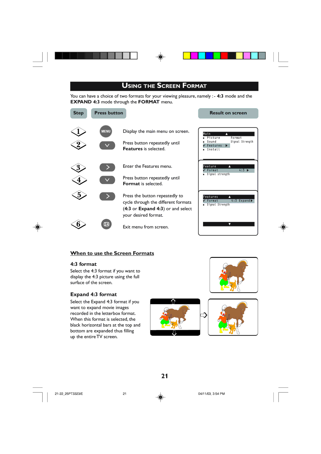 Philips 25PT3323 Using the Screen Format, When to use the Screen Formats, Expand 43 format, Your desired format 