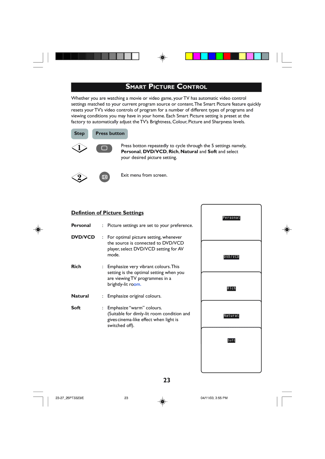 Philips 25PT3323 operating instructions Smart Picture Control, Defintion of Picture Settings 