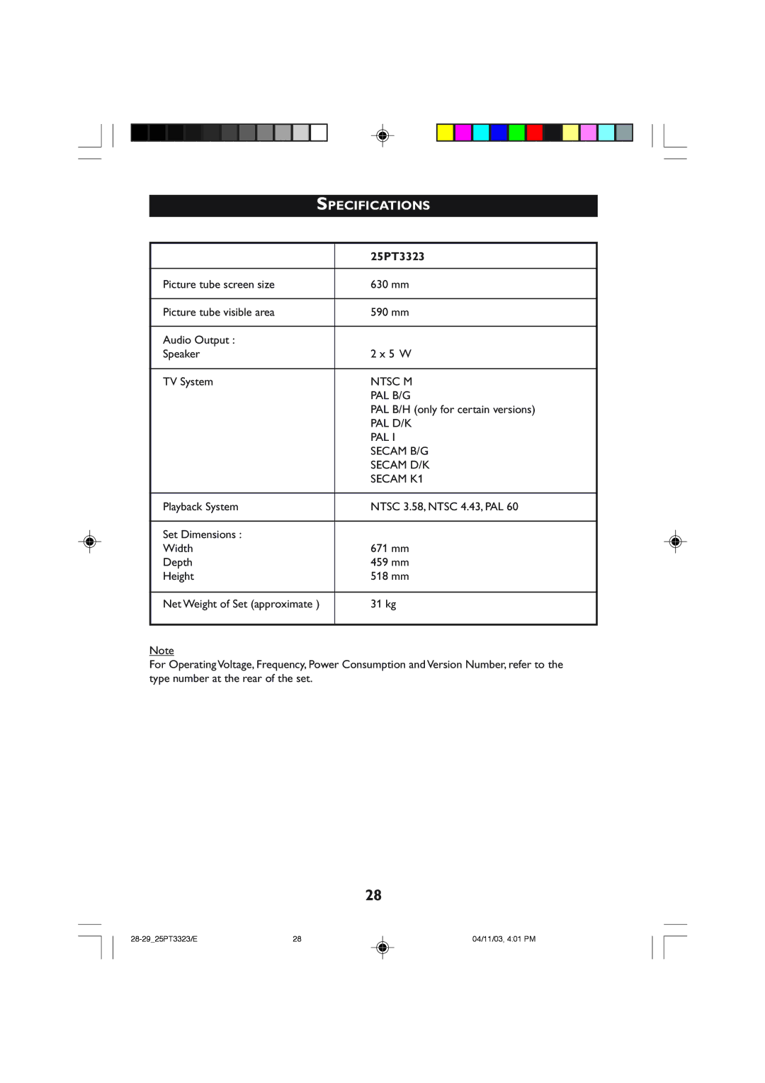 Philips 25PT3323 operating instructions Specifications, PAL B/H only for certain versions 