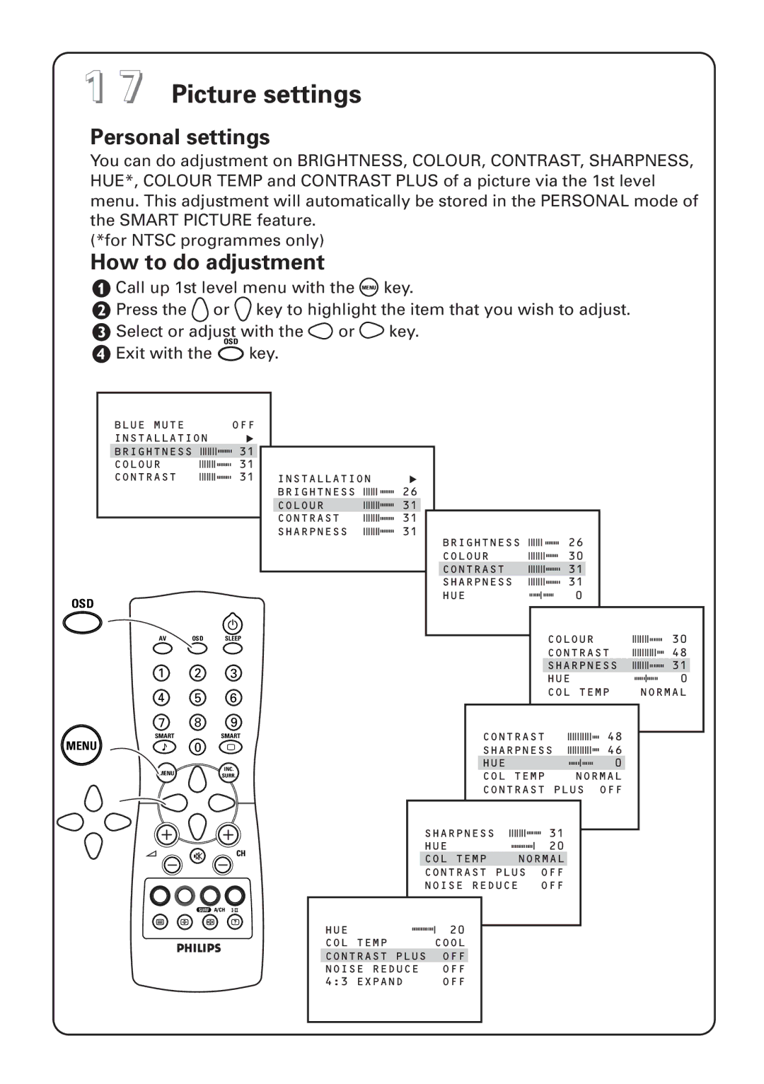 Philips 29PT4823, 25PT4823, 25PT4873, 29PT4273, 29PT4873, 25PT4223 Picture settings, Personal settings, How to do adjustment 