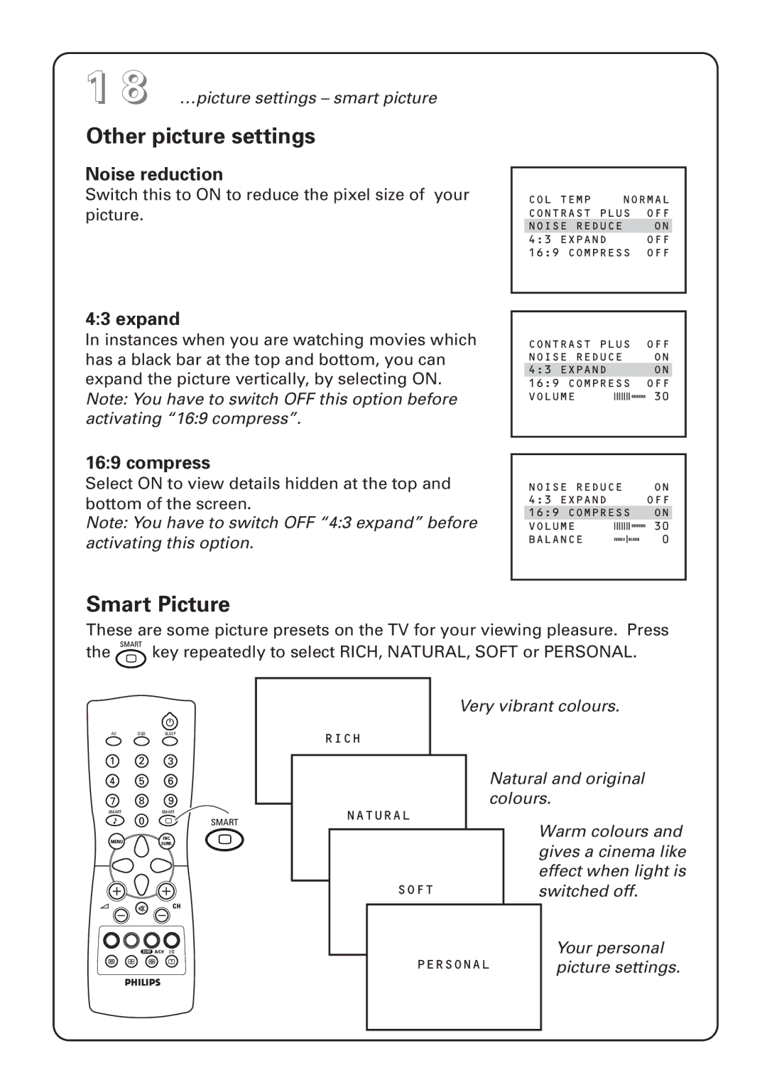 Philips 29PT4873, 25PT4823, 25PT4873, 29PT4273 manual Other picture settings, Smart Picture, Noise reduction, Expand, Compress 