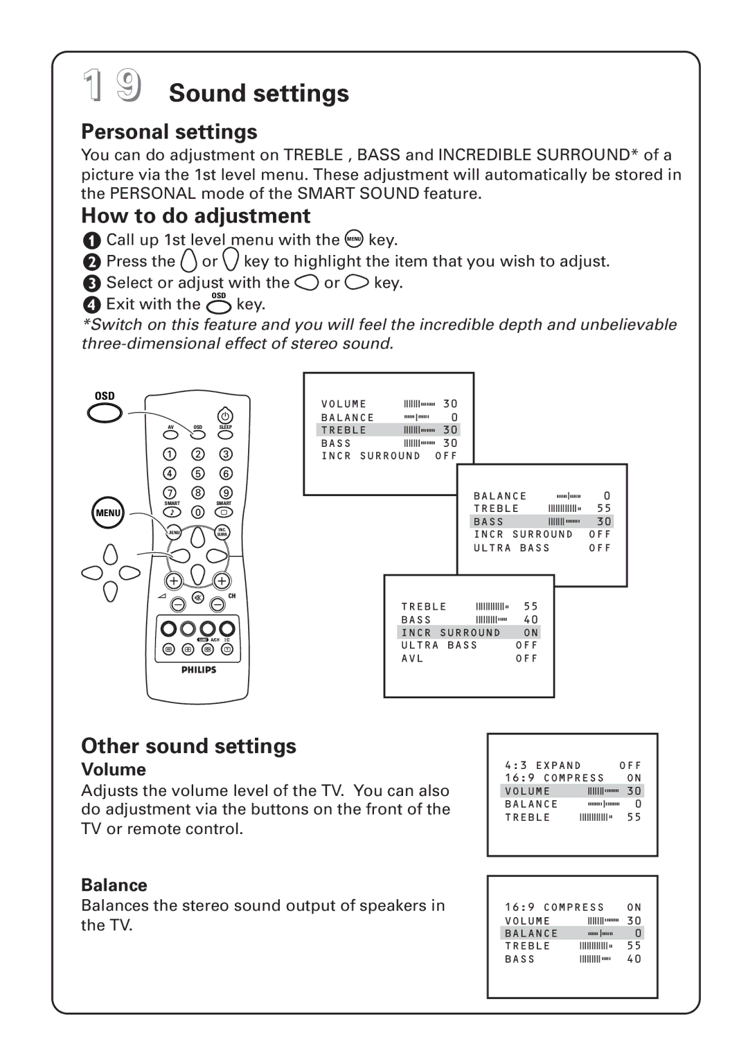 Philips 25PT4223, 25PT4823, 25PT4873, 29PT4273, 29PT4823, 29PT4873 manual Sound settings, Other sound settings, Volume, Balance 