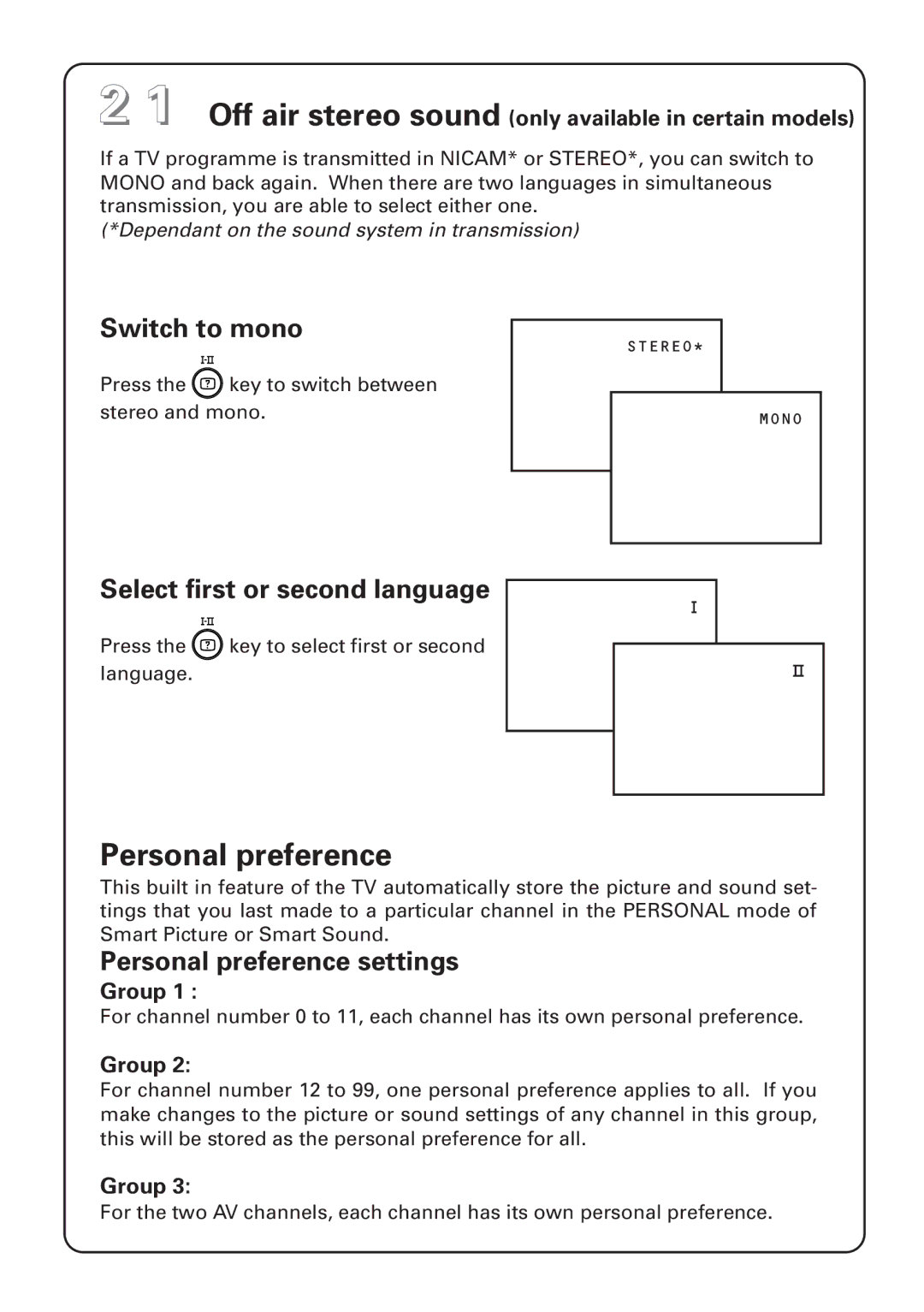 Philips 25PT4823, 25PT4873, 29PT4273 manual Switch to mono, Select first or second language, Personal preference settings 