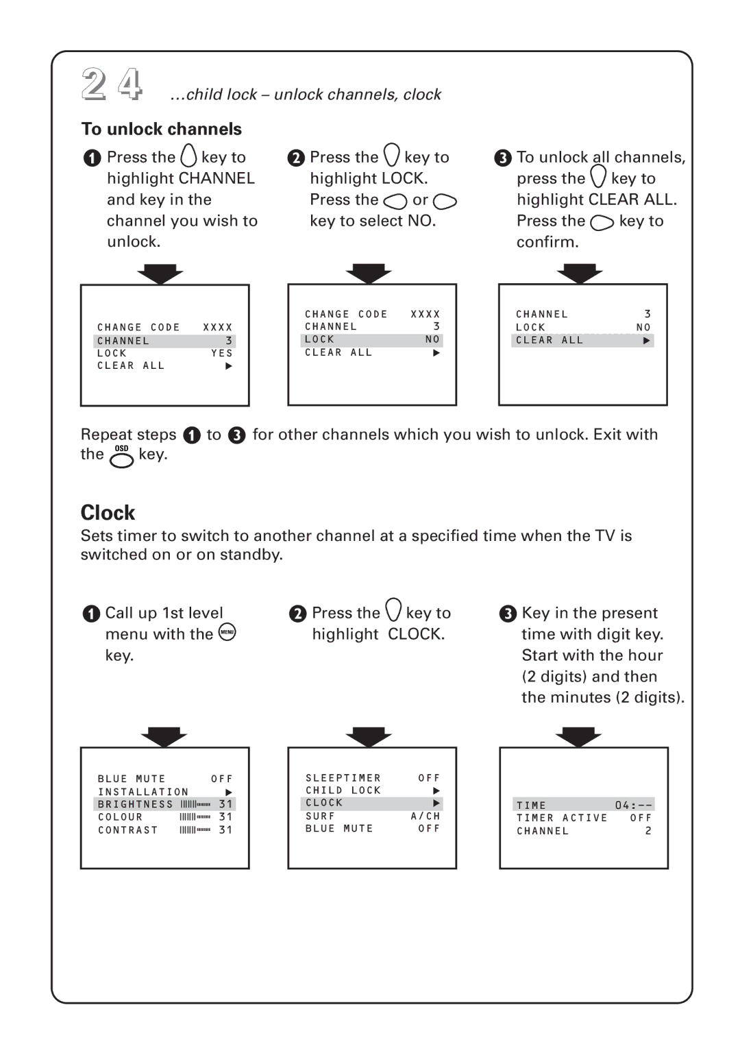 Philips 29PT4823, 25PT4823, 25PT4873, 29PT4273, 29PT4873, 25PT4223, 25PT4273 manual Clock, To unlock channels 