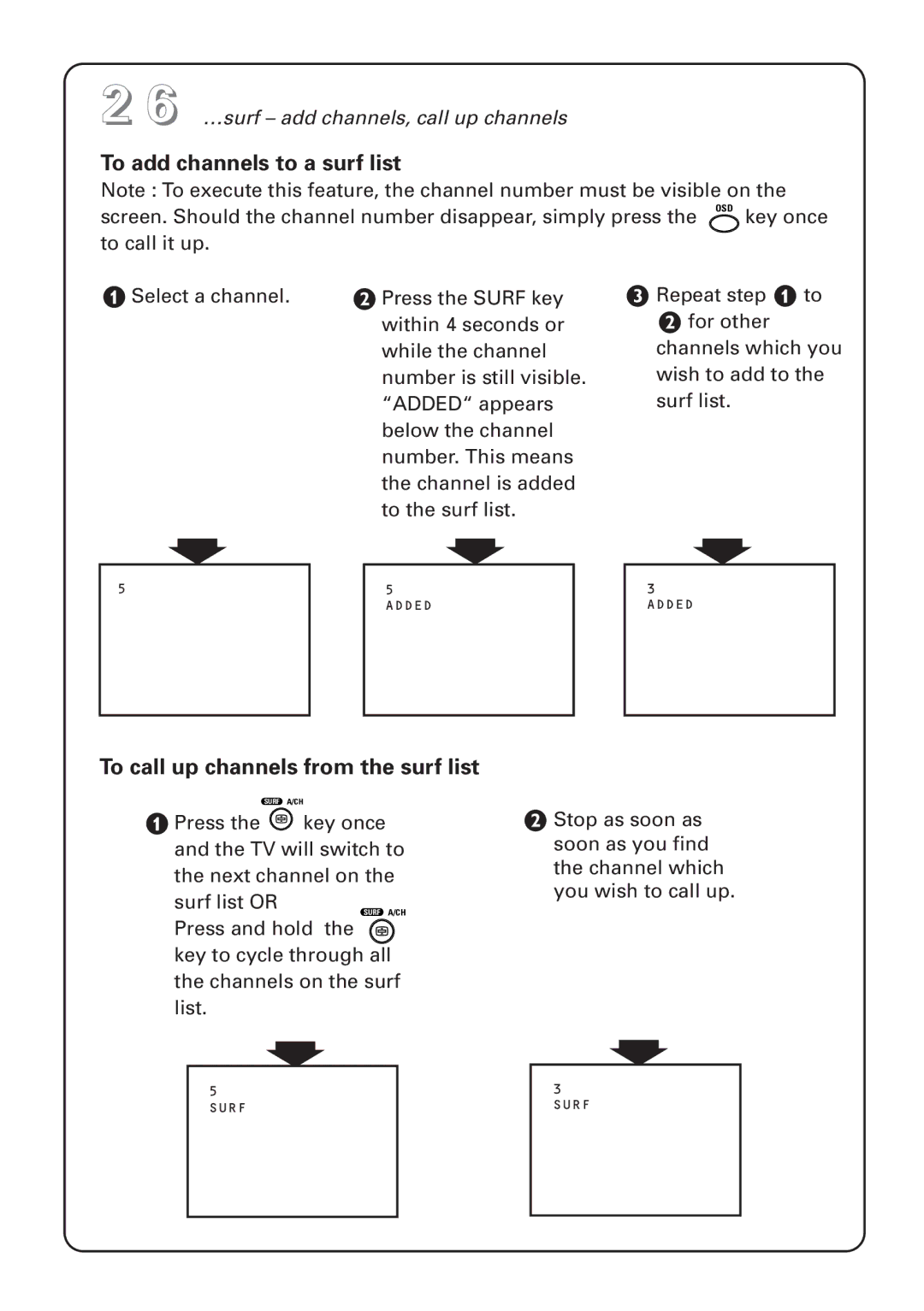 Philips 25PT4223, 25PT4823, 25PT4873, 29PT4273 manual To add channels to a surf list, To call up channels from the surf list 