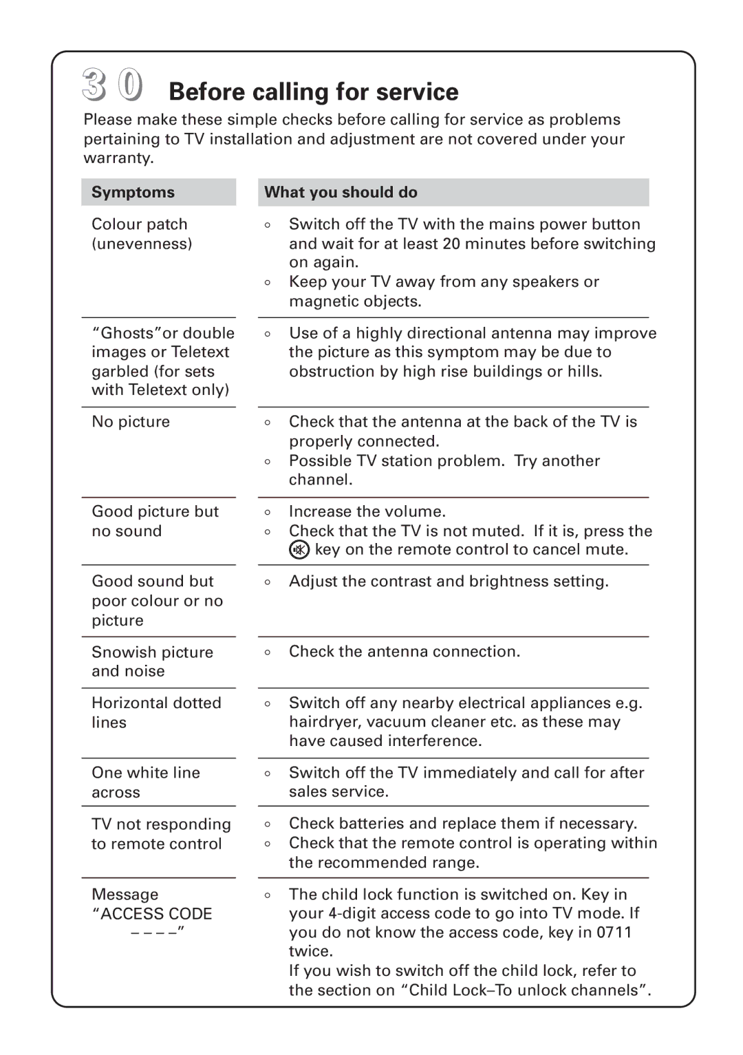 Philips 29PT4273, 25PT4823, 25PT4873, 29PT4823 manual Before calling for service, Symptoms, Access Code, What you should do 