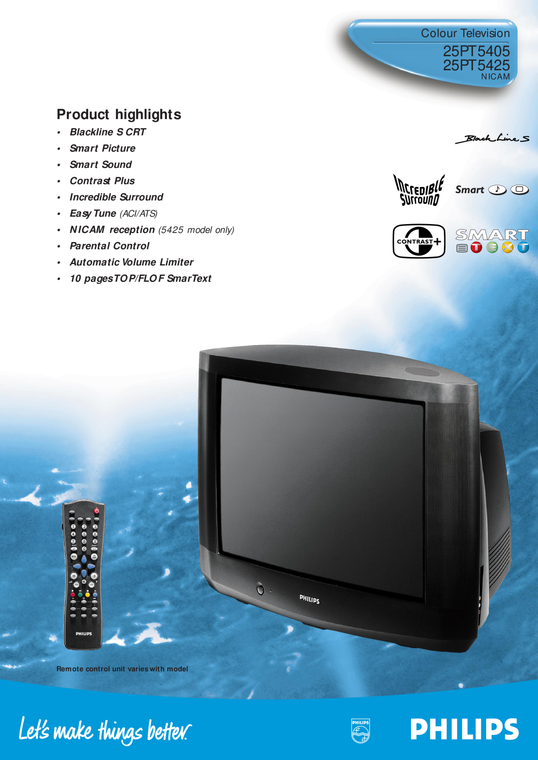 Philips manual 25PT5405 25PT5425, Product highlights, Colour Television, Nicam, Remote control unit varies with model 