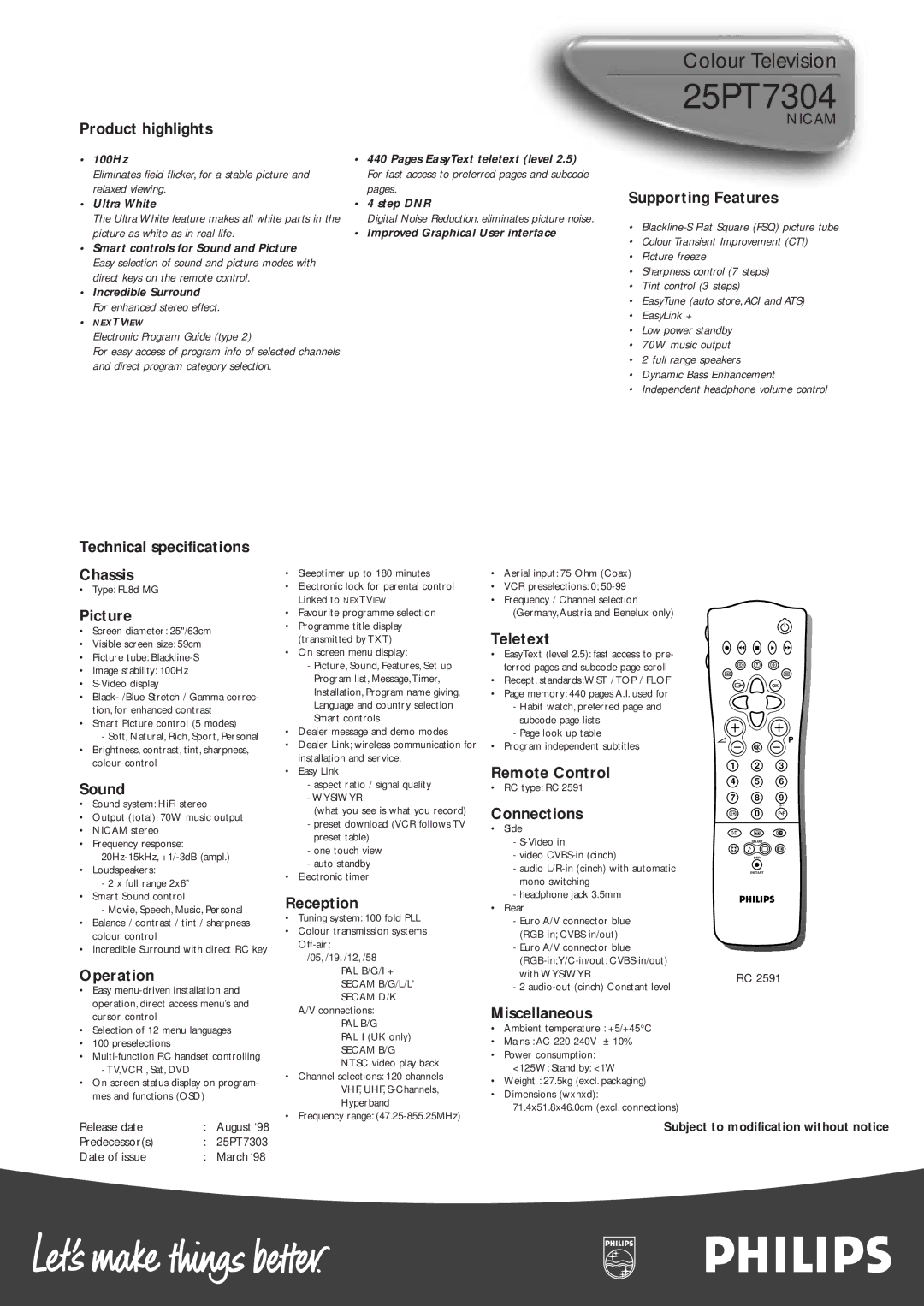 Philips 25PT7304 Product highlights, Supporting Features, Technical specifications Chassis, Picture, Sound, Operation 