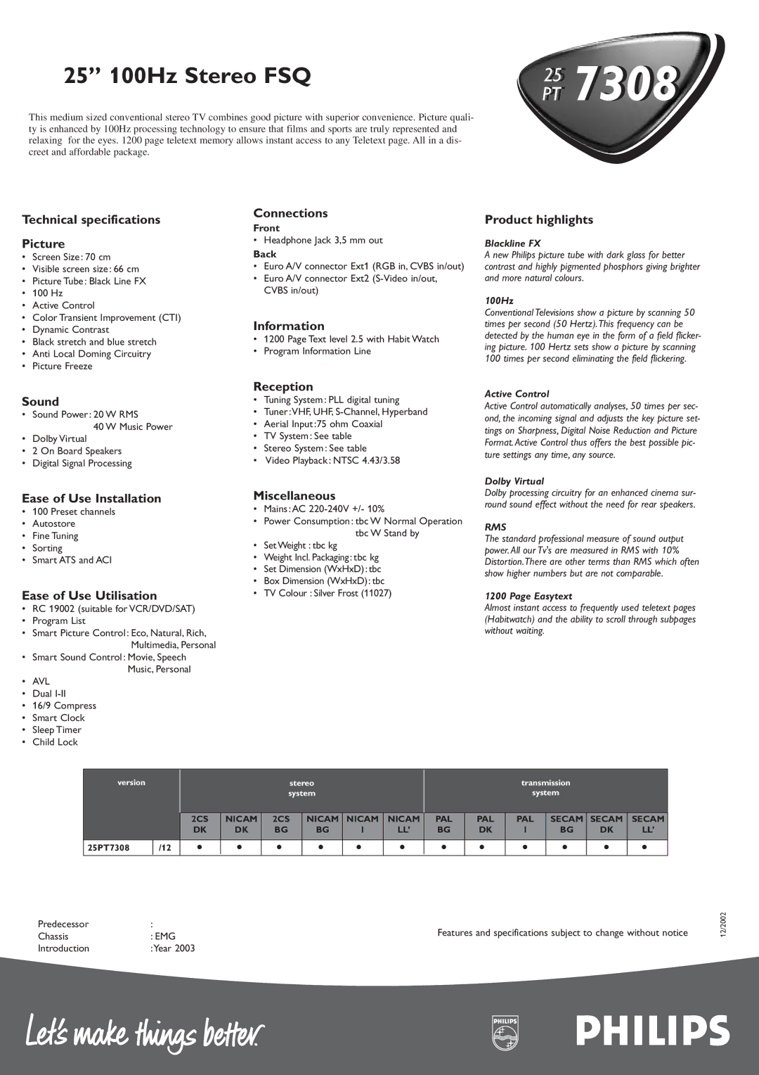 Philips 25PT7308 Technical specifications Picture, Sound, Ease of Use Installation, Ease of Use Utilisation, Connections 