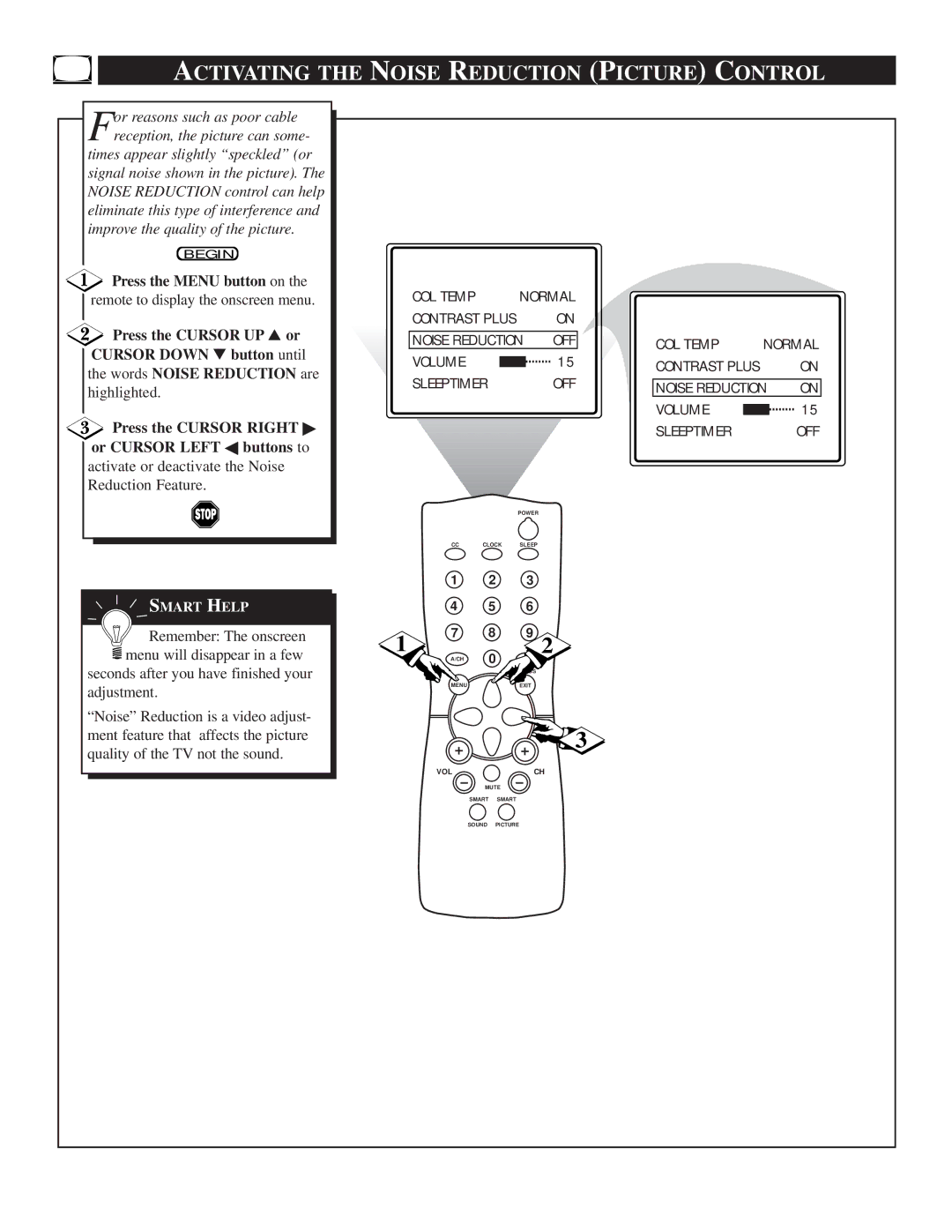 Philips 25TR19C1 manual Activating the Noise Reduction Picture Control, Press the Cursor Right or Cursor Left buttons to 