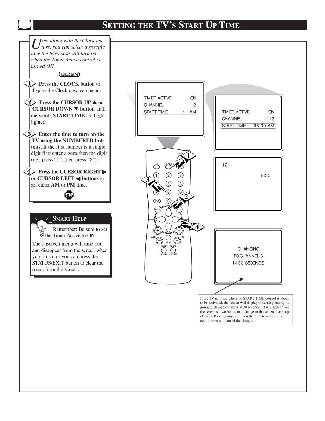 Philips 25TR19C1 manual Setting the TV’S Start UP Time, Changing To Channel 30 Seconds 