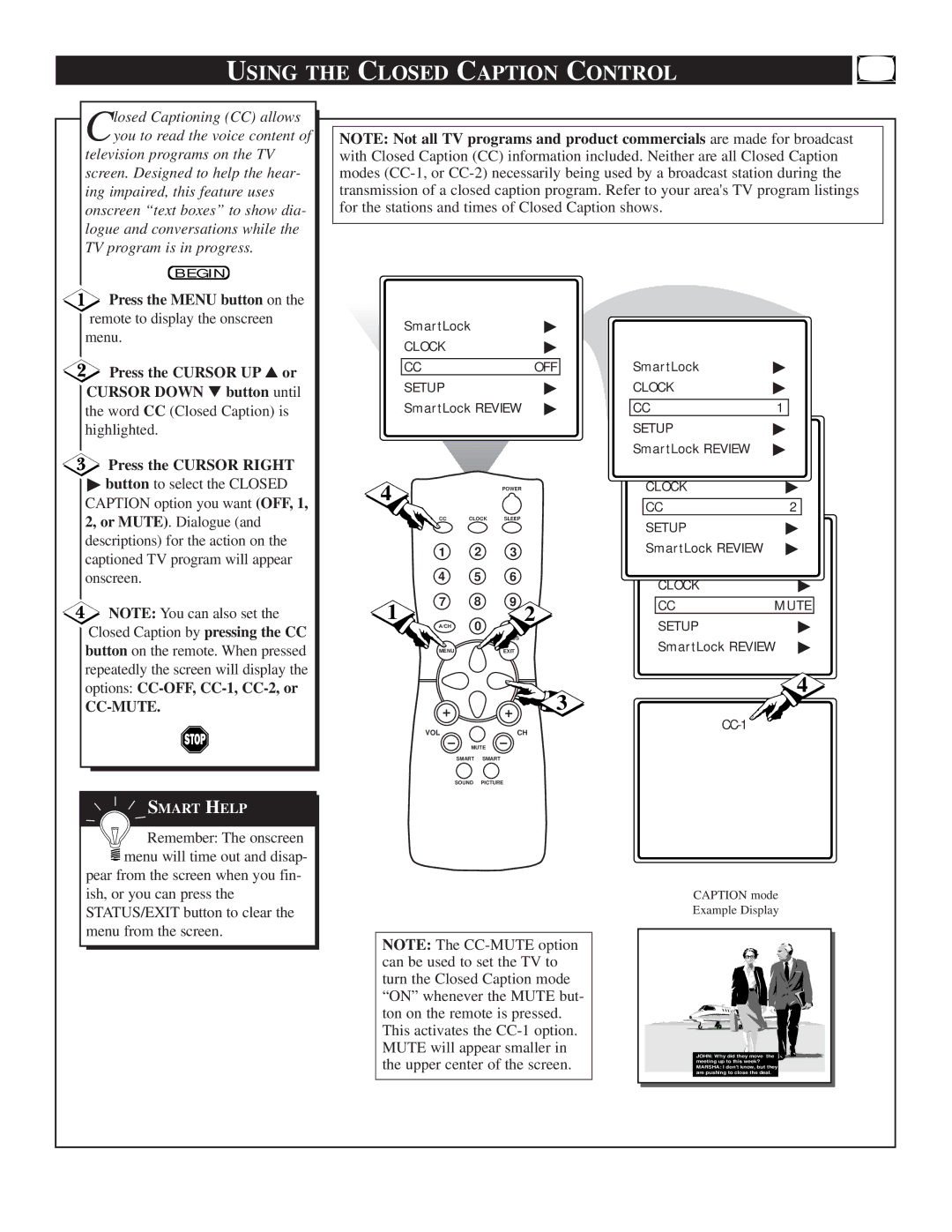 Philips 25TR19C1 manual Using the Closed Caption Control, Press the Cursor UP or Cursor Down button until 