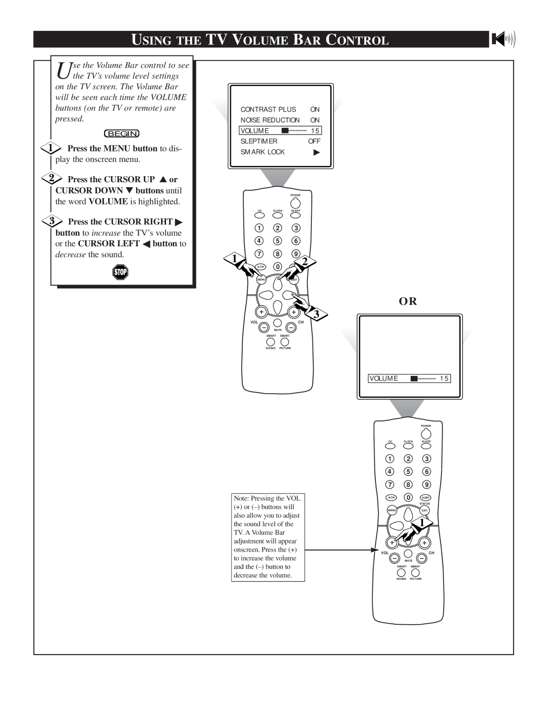 Philips 25TR19C1 manual Using the TV Volume BAR Control, Press the Menu button to dis 