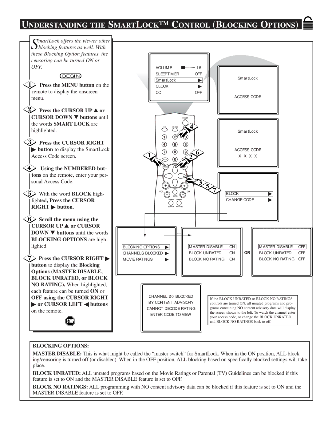 Philips 25TR19C1 manual Understanding the Smartlock C Ontrol Blocking Options, Using the Numbered but 