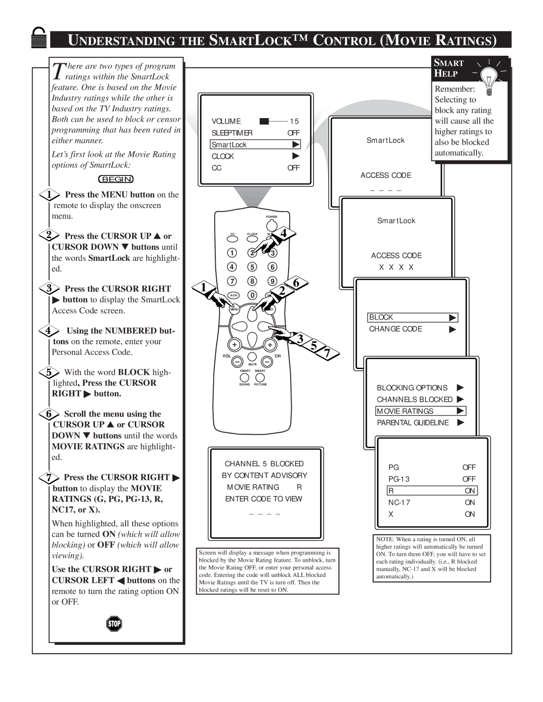 Philips 25TR19C1 manual Understanding the Smartlock C Ontrol Movie Ratings, Use the Cursor Right or Cursor Left buttons on 