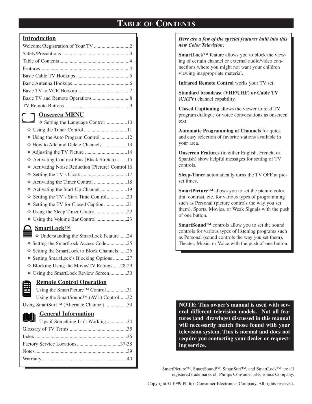 Philips 25TR19C1 manual Table of Contents 