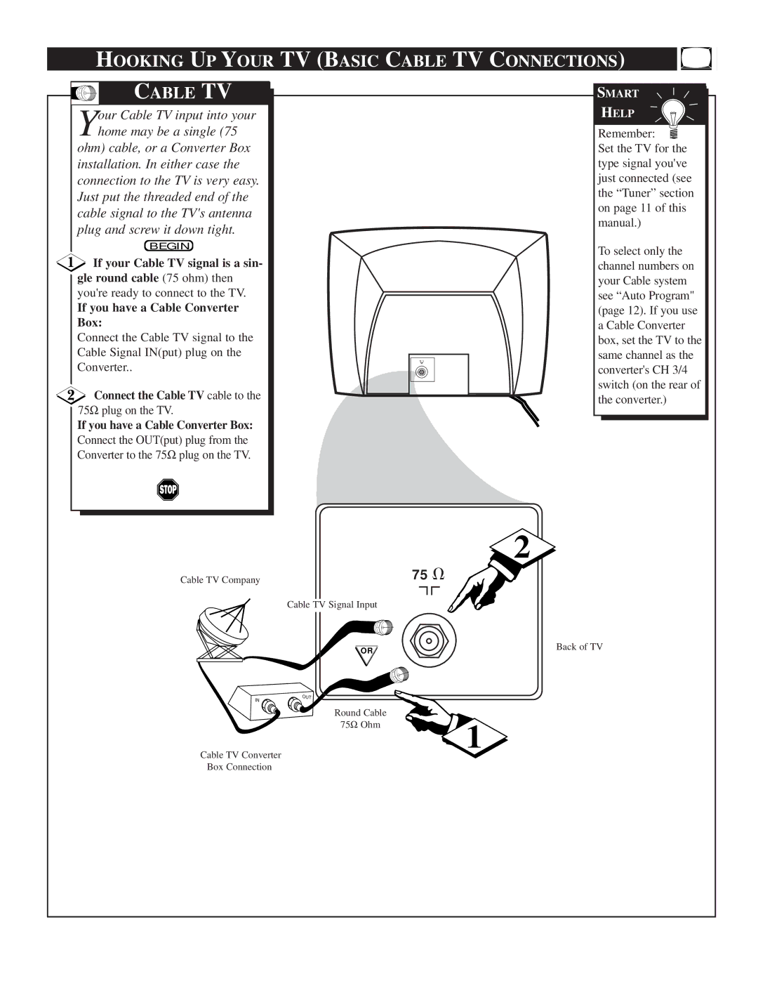 Philips 25TR19C1 manual Hooking UP Your TV Basic Cable TV Connections 