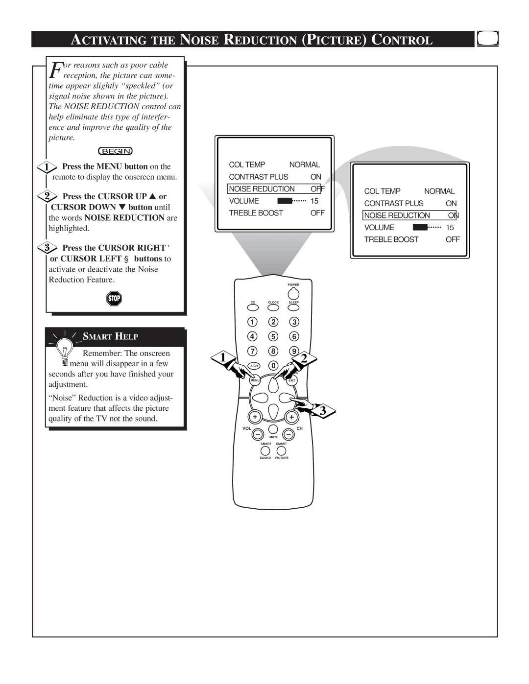 Philips 25TS56C1 manual Activating the Noise Reduction Picture Control, Press the Cursor Right or Cursor Left buttons to 