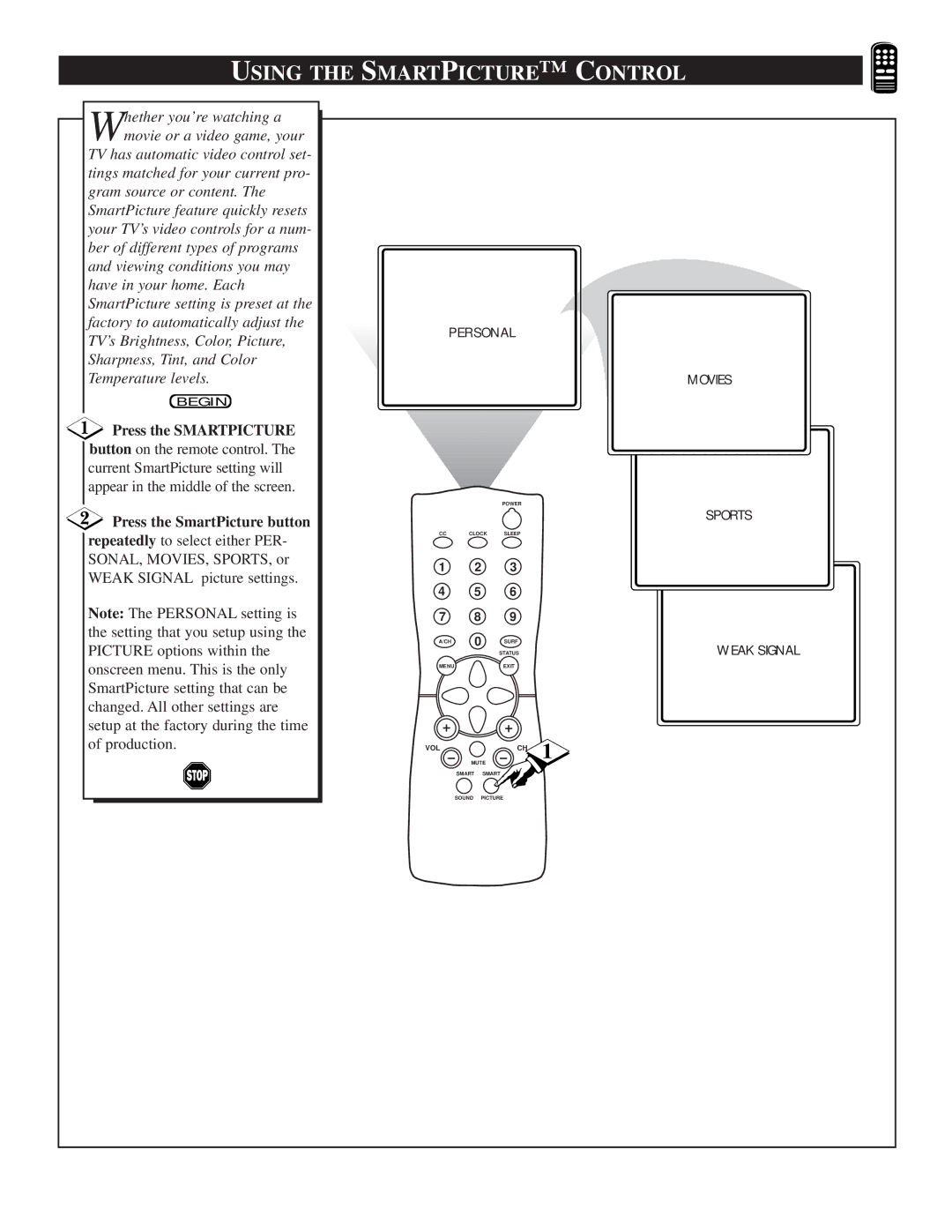 Philips 25TS56C1 manual Using the Smart Picture C Ontrol 