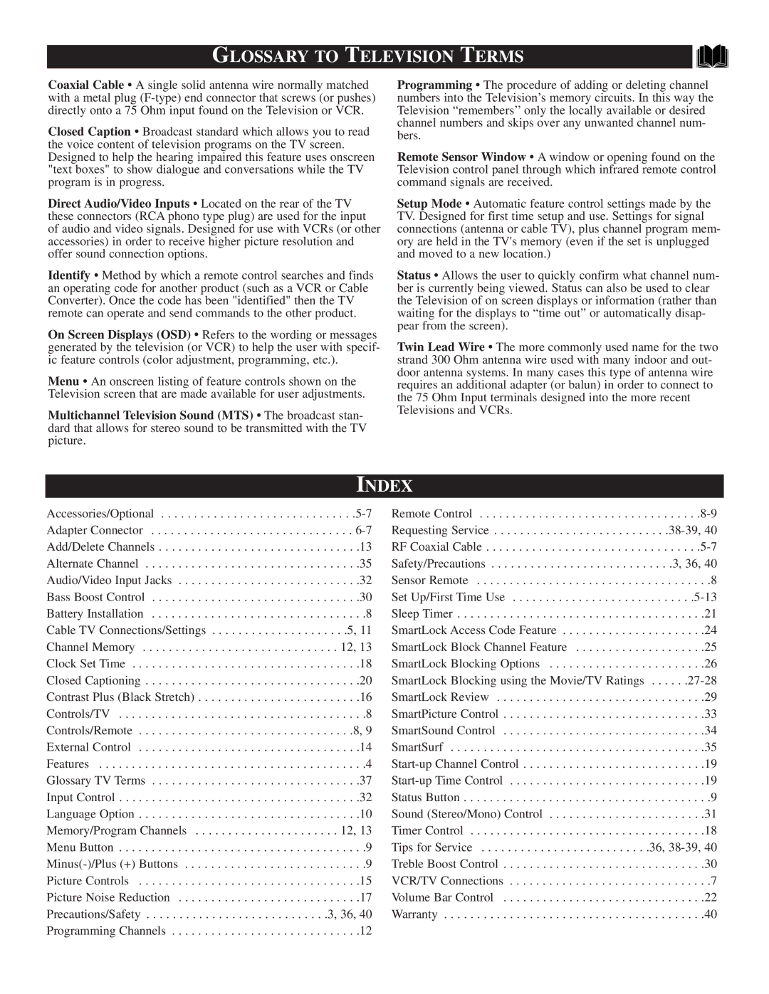 Philips 25TS56C1 manual Glossary to Television Terms, Index 