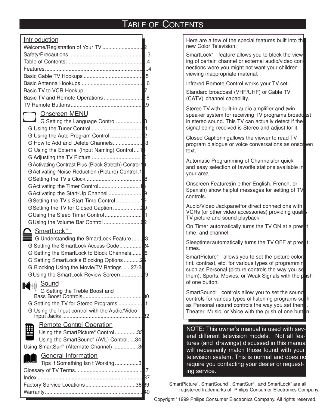 Philips 25TS56C1 manual Table of Contents 