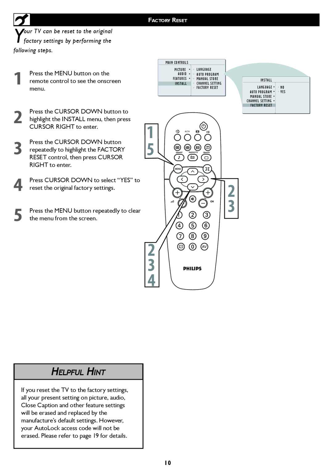 Philips 26/32TA1000 user manual Reset the original factory settings, Factory Reset 