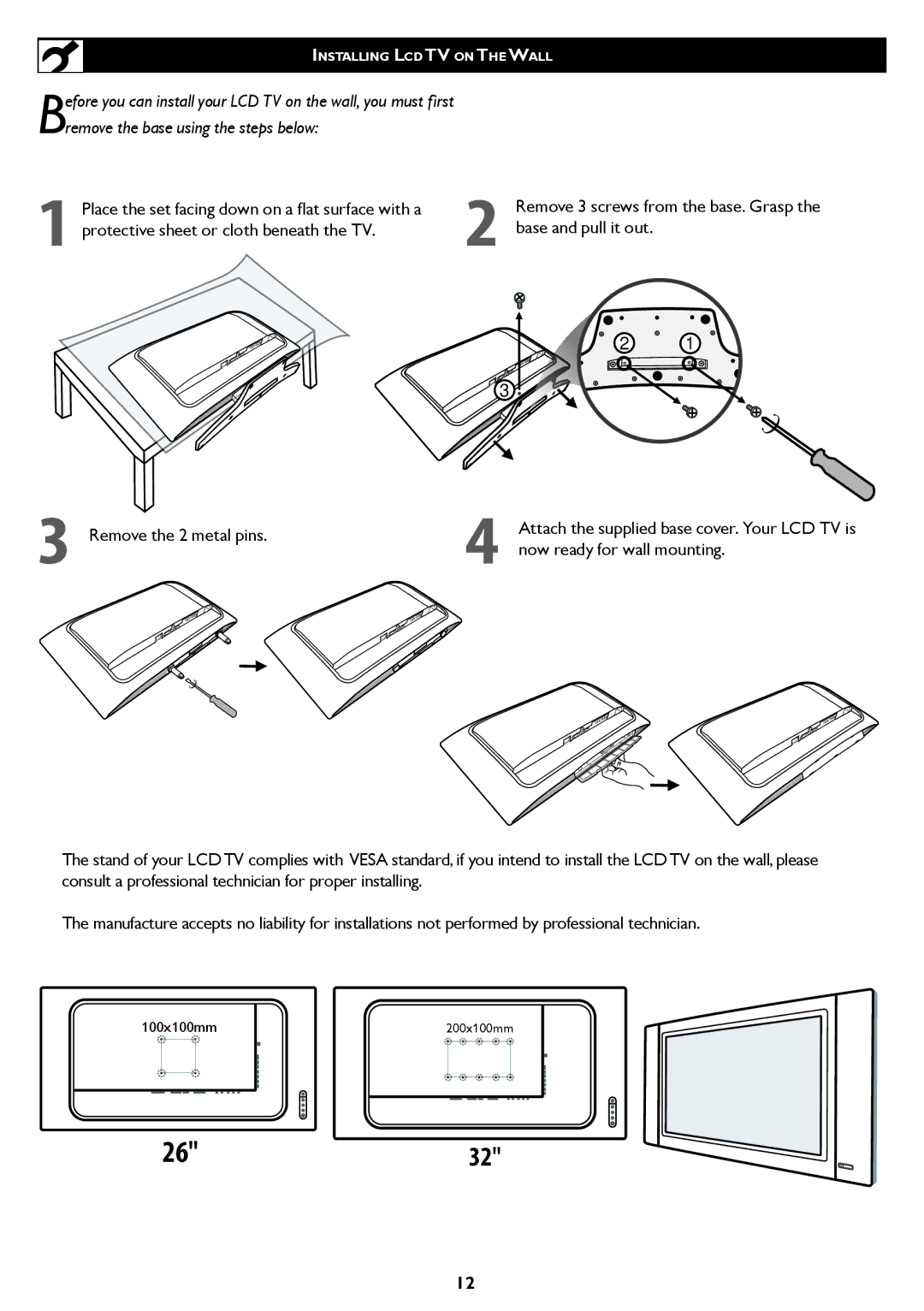 Philips 26/32TA1000 user manual Place the set facing down on a ﬂ at surface with a, Now ready for wall mounting 