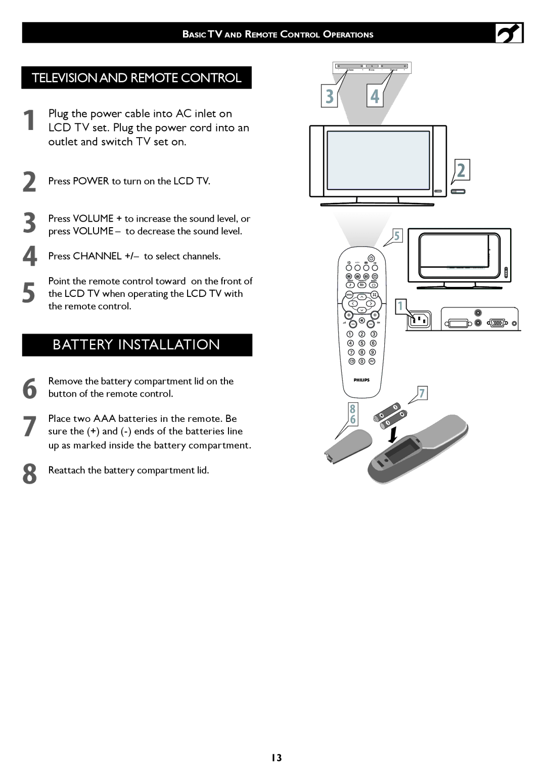 Philips 26/32TA1000 user manual Television and Remote Control, Press Power to turn on the LCD TV 