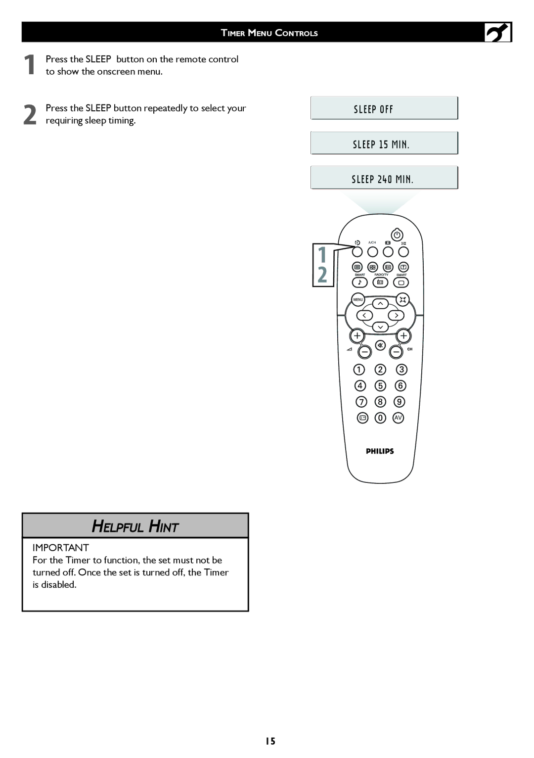 Philips 26/32TA1000 user manual Sleep OFF Sleep 15 MIN Sleep 240 MIN 