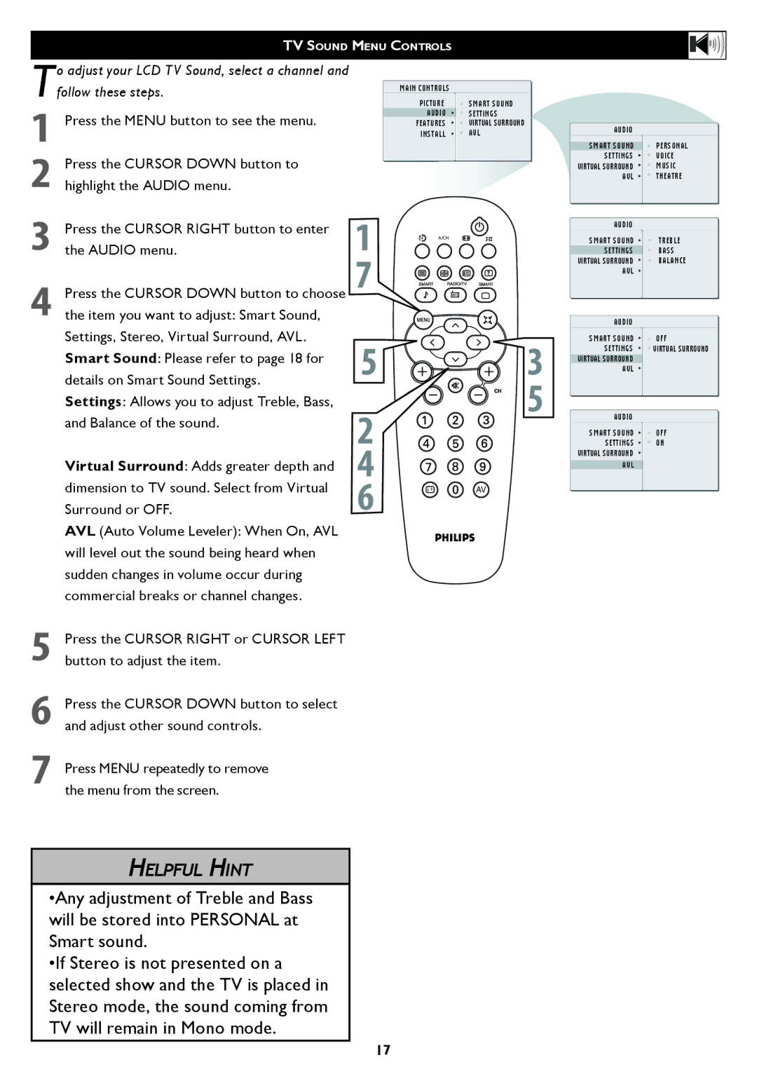 Philips 26/32TA1000 user manual TV Sound Menu Controls 