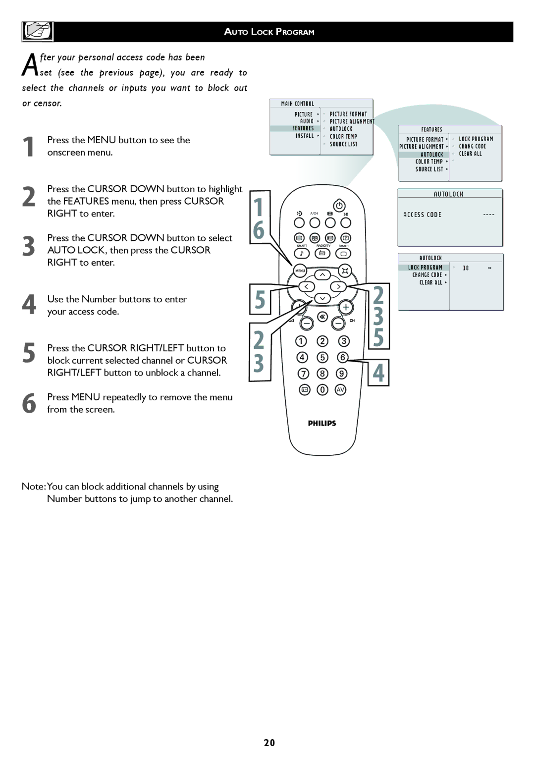 Philips 26/32TA1000 user manual Press the Menu button to see, Use the Number buttons to enter your access code 