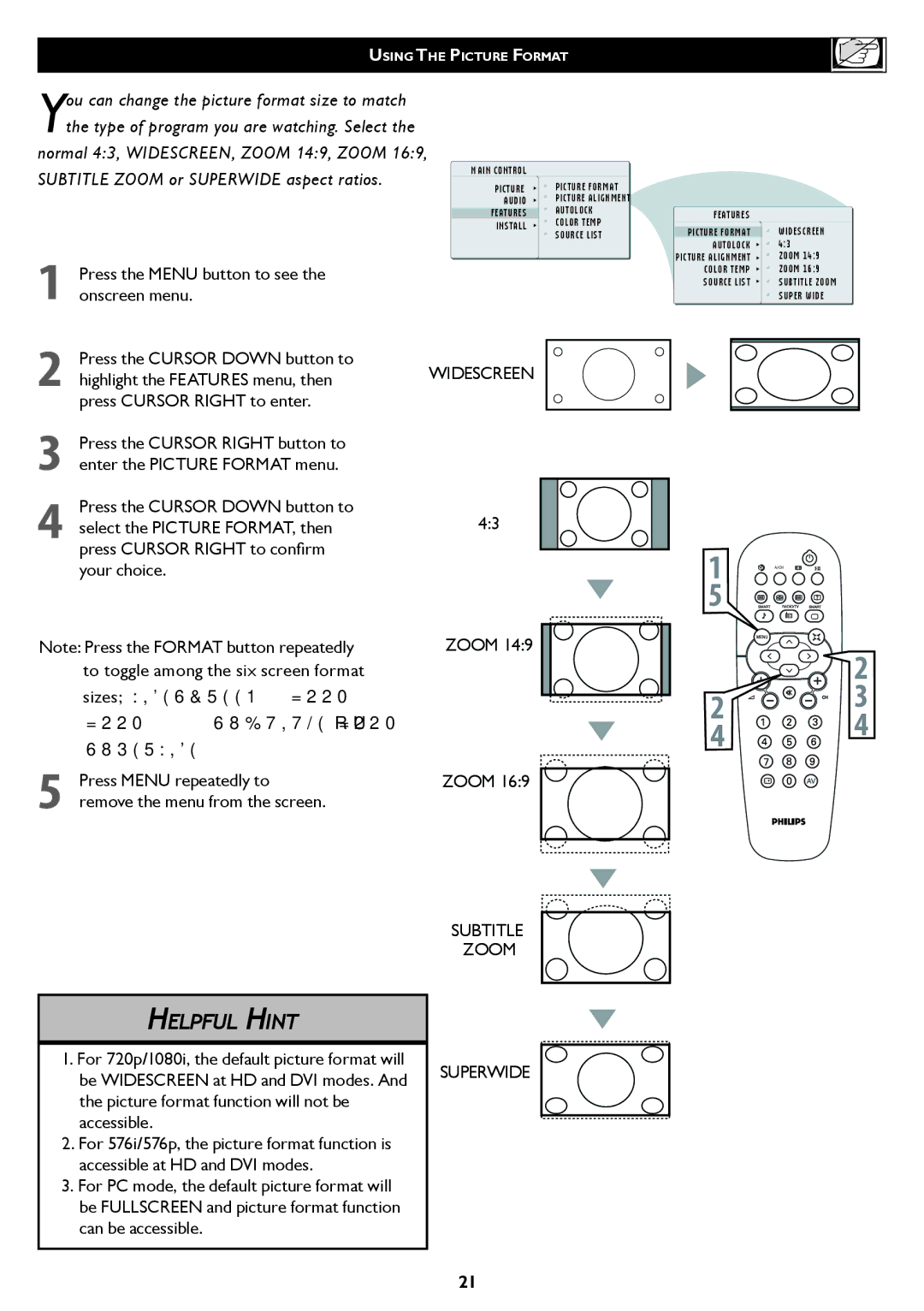 Philips 26/32TA1000 user manual Press the Menu button to see the onscreen menu 