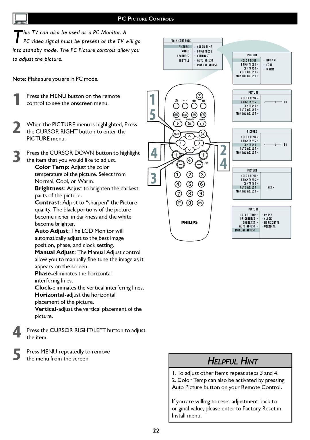 Philips 26/32TA1000 user manual To adjust other items repeat steps 3 