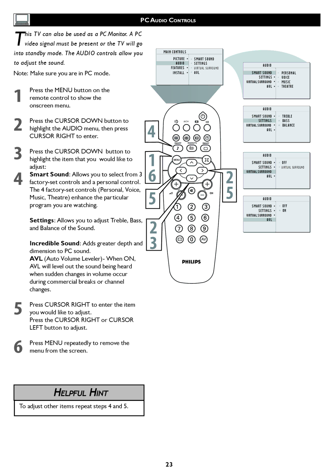 Philips 26/32TA1000 user manual Adjust, Balance of the Sound, To adjust other items repeat steps 4 