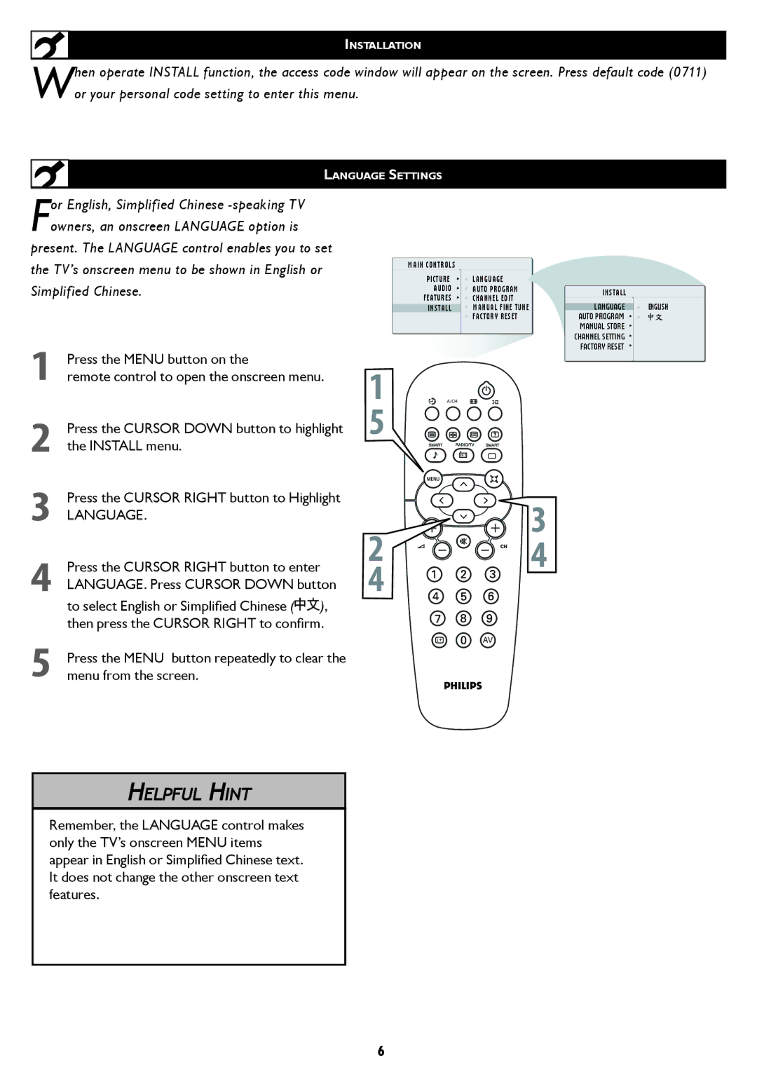 Philips 26/32TA1000 user manual Press the Cursor Right button to Highlight, Language 