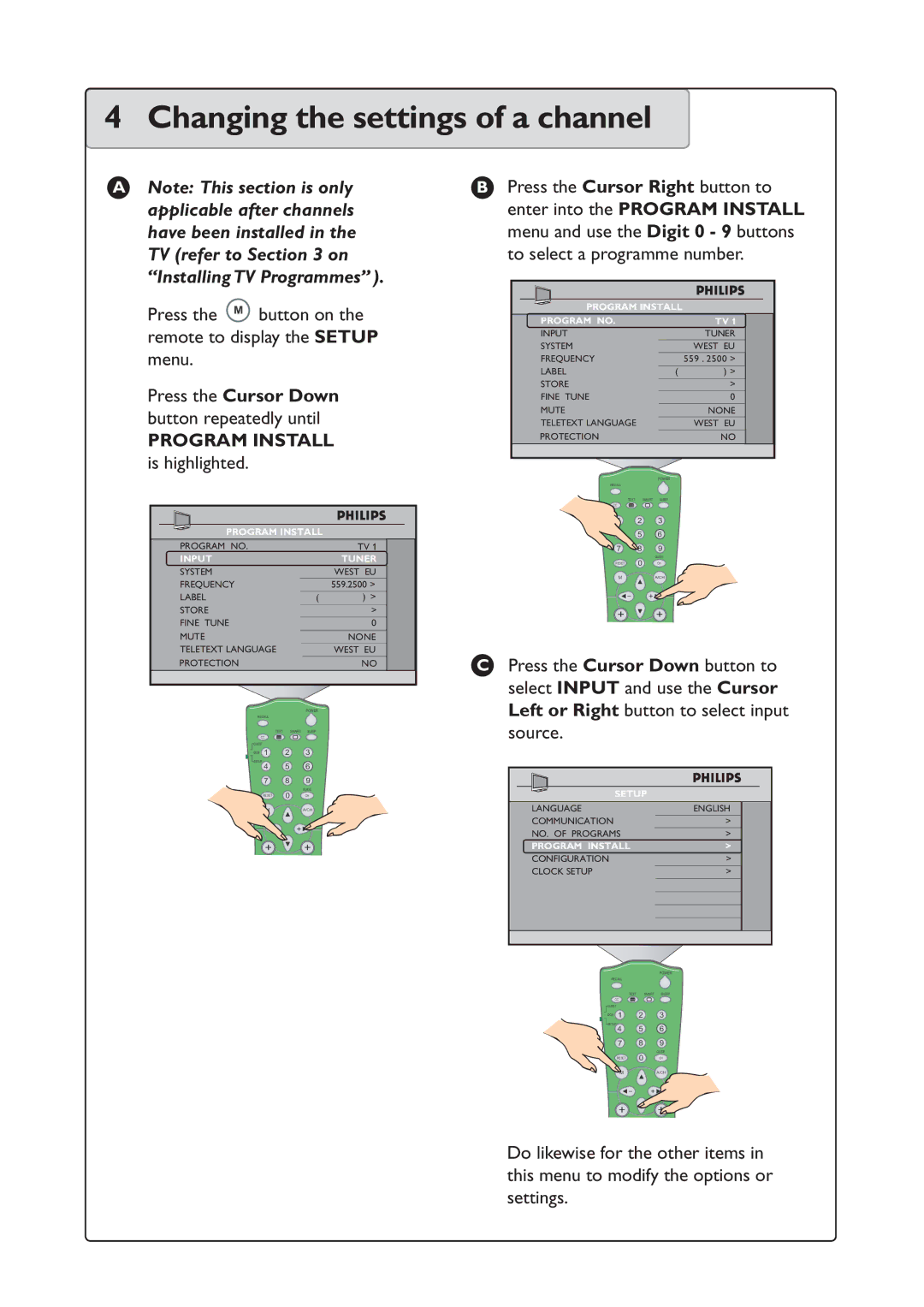 Philips 26HF7875/10 quick start Changing the settings of a channel, Program Install is highlighted 