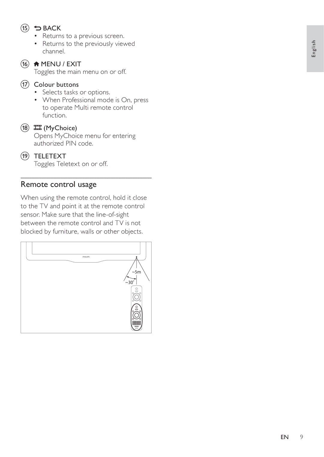 Philips 19HFL3232D/10, 26HFL3232D/10, 22HFL3232D/10 Remote control usage, Back, Channel, Toggles the main menu on or off 