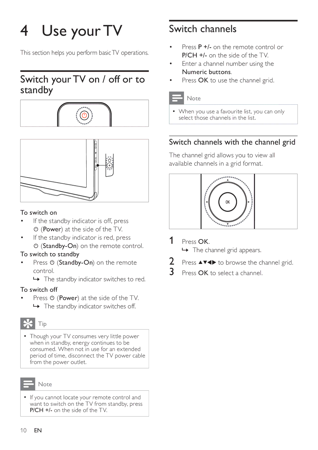 Philips 26HFL3232D/10, 22HFL3232D/10, 19HFL3232D Use your TV, Switch your TV on / off or to standby Switch channels 